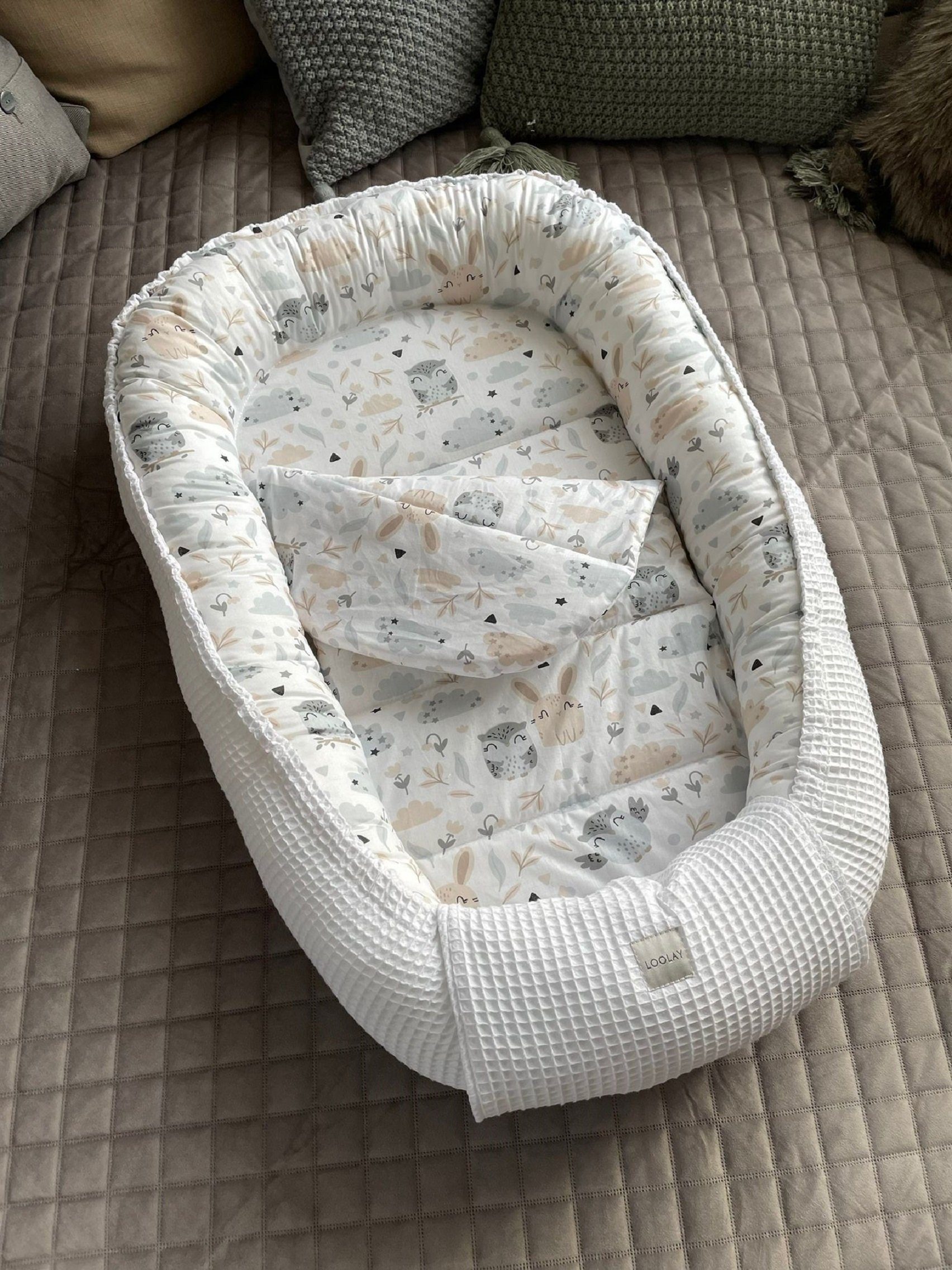 Loolay Bettnestchen Weiß WAFFELPIQUE/ HASE Beige Babynest Babyaustattung Ne günstig online kaufen