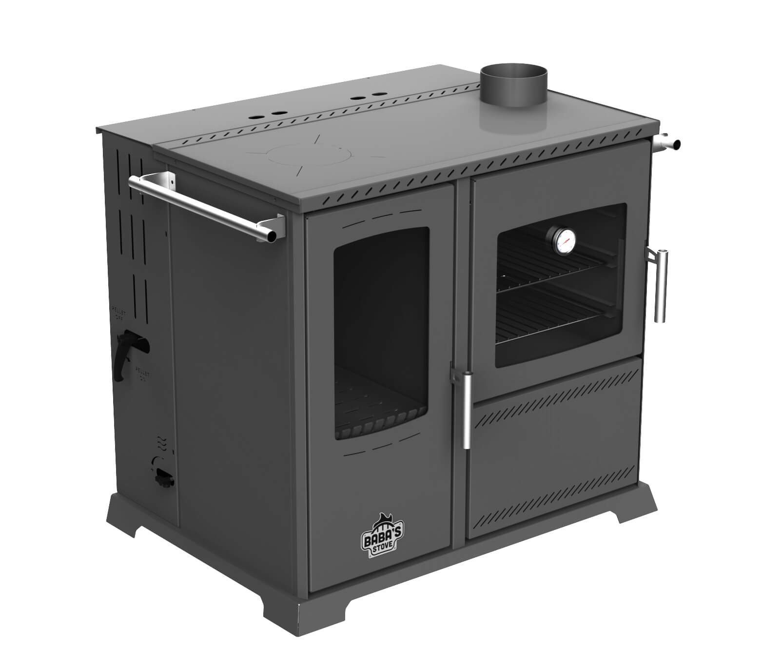 Baba's Hybrid Pellet and Wood Combination Stove with Oven and Cooktop, 10 kW, Continuous Burning Stove, Pellet Stove without Electricity, Wood Stove, Fireplace