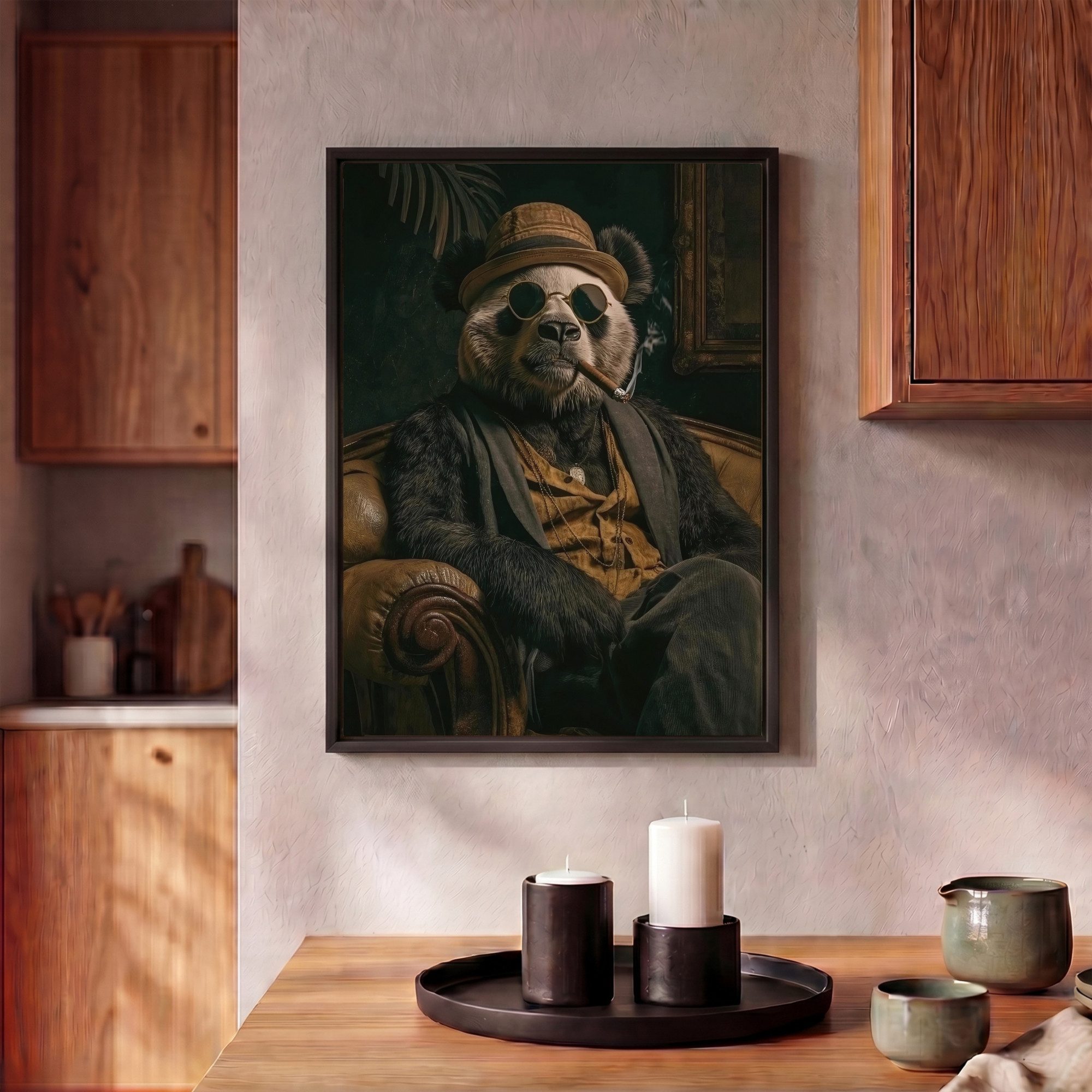 OneMillionCanvasses® Leinwandbild mit Rahmen - Panda - Hut - Brille - Anzug, Fotodruck (1 St), Wandbild, Schattenfugenrahmen, Aufhängefertig, Wanddeko 30x40cm