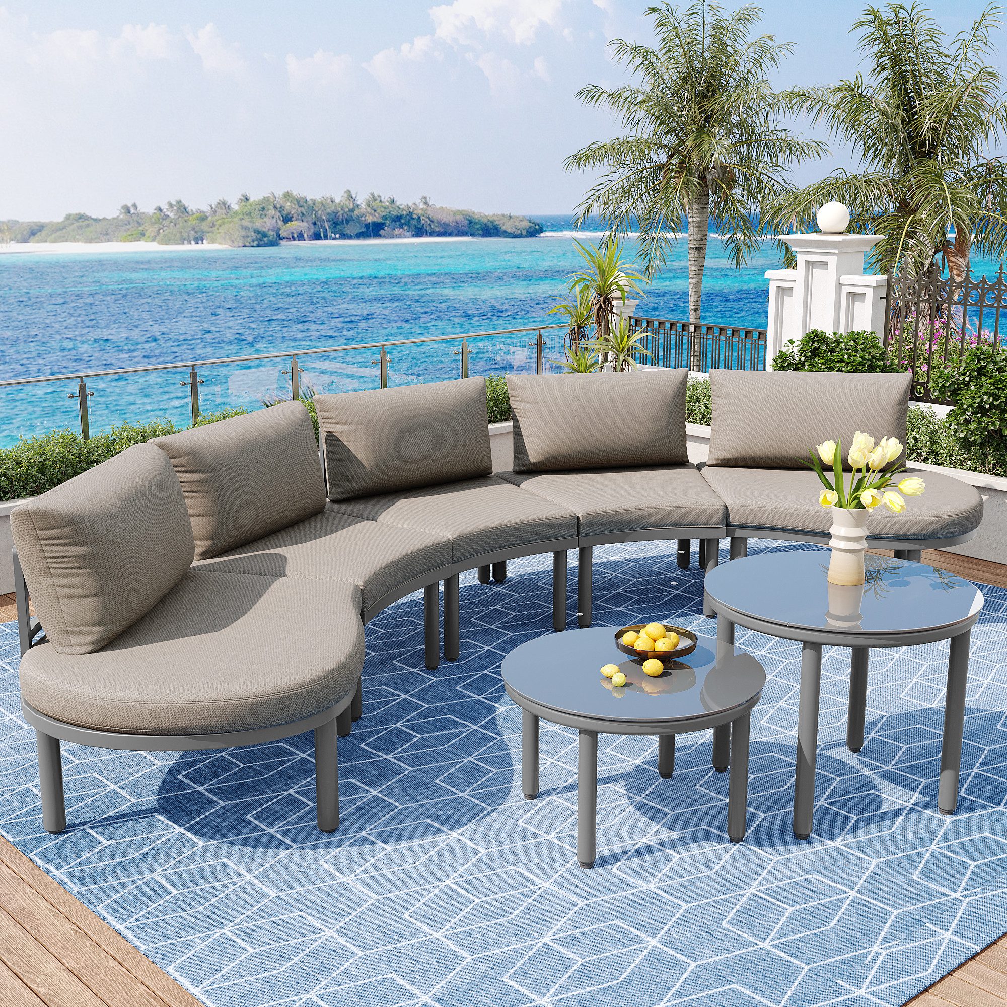 Flieks Gartenlounge-Set, 5-Sitzer Gartenmöbel abgerundetes Sofa, günstig online kaufen