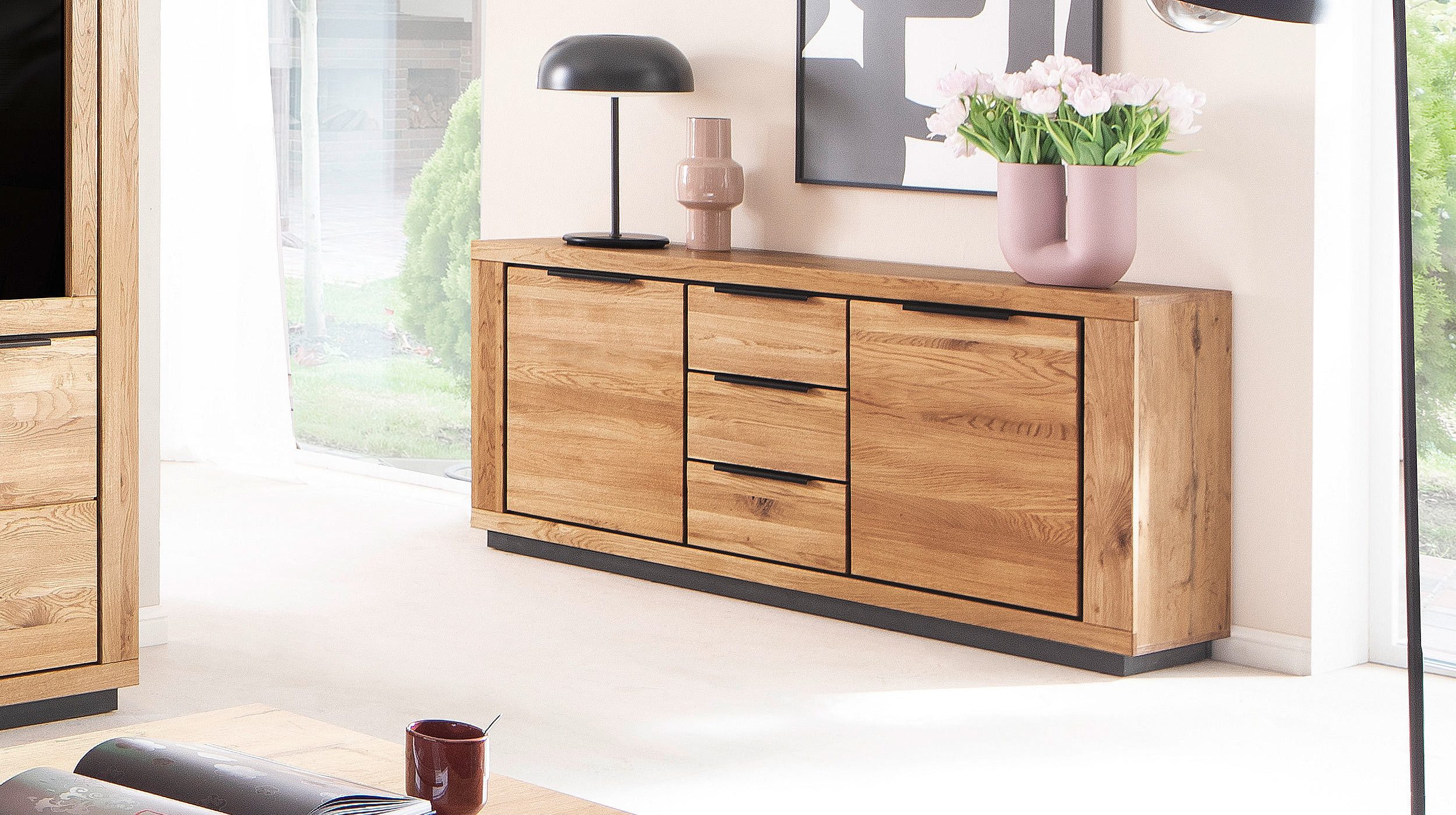 Massivart® Sideboard GRENO 163 cm / Massivholz Wildeiche geölt / Metallgrif günstig online kaufen