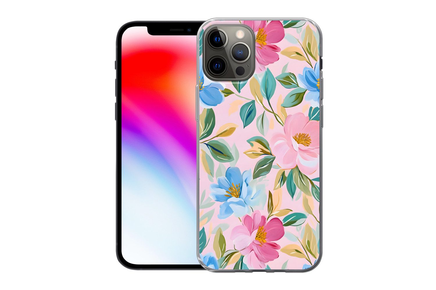 MuchoWow Handyhülle für Apple iPhone 12 Pro Blau - Rosa - Blumen, Smartphone-Bumper, Print, Handy Schutzhülle Dünn