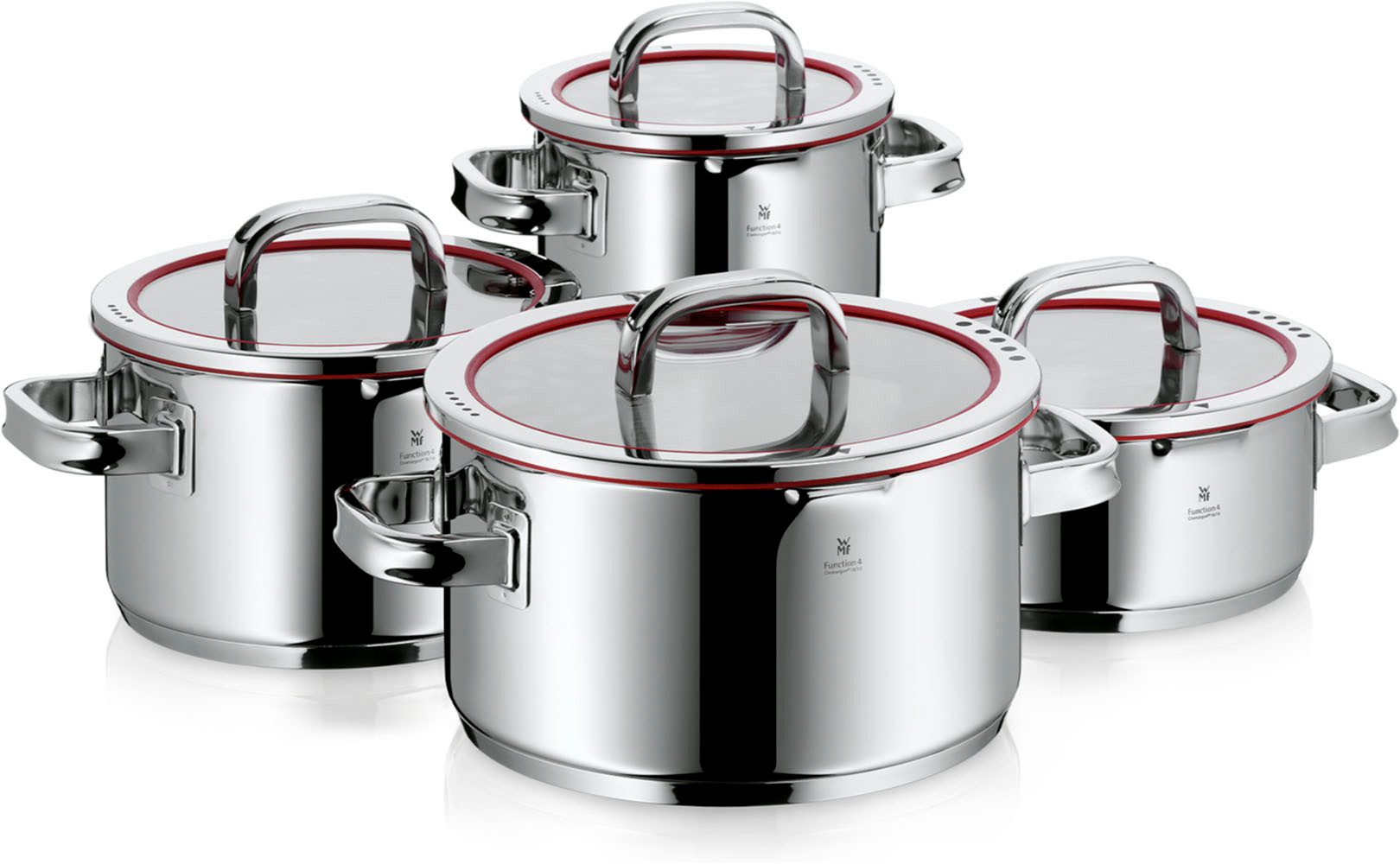WMF Topf-Set Function 4 Induktion, Glasdeckel mit 4 Abgießfunktionen, Cromargan® Edelstahl Rostfrei 18/10 (Set, 8-tlg), wärmereduzierende Griffe, Induktions Töpfe Set mit Innenskalierung