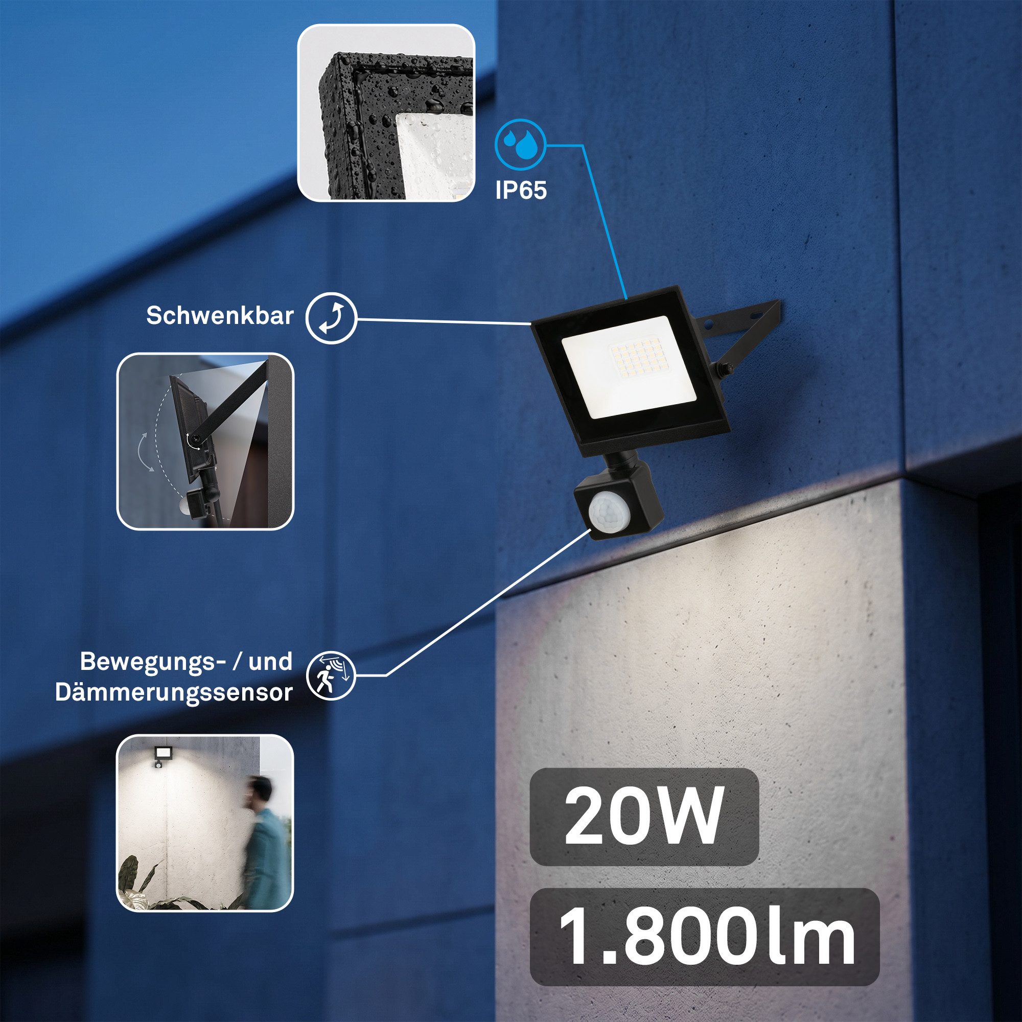 Briloner Leuchten Flutlichtstrahler LED Wandleuchte Außen Bewegungsmelder Wandstrahler Garten Eingang, mit Bewegungsmelder, LED fest integriert, 4000K - Neutralweiß, Garage, Garten, Auffahrt, Hauseingang