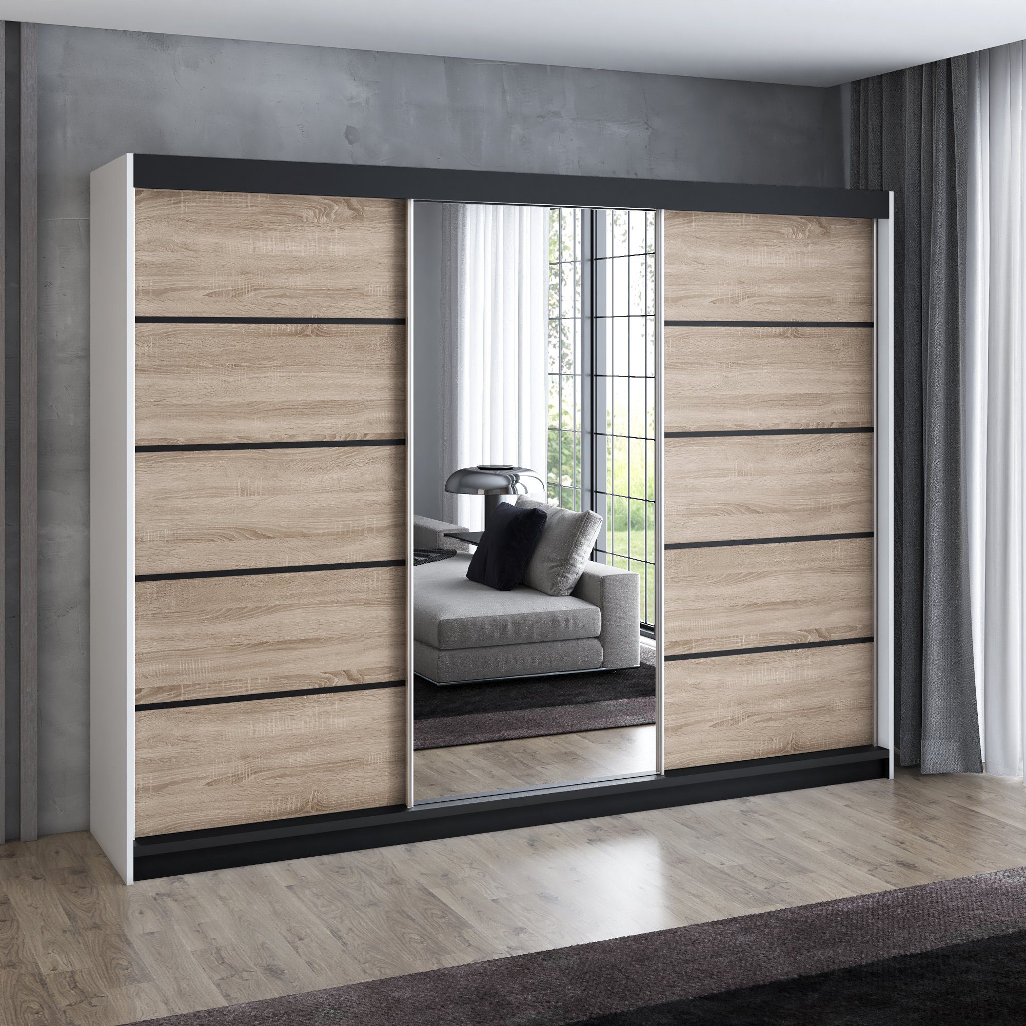A&J MöbelLand GmbH Schiebetürenschrank VILUNO 1 mit 4 Schubladen und Spiegel (TOP ANGEBOT! Geräumiger Schrank mit einer Breite von 200 cm und Spiegel, ideal zur – Bild 2 von 5