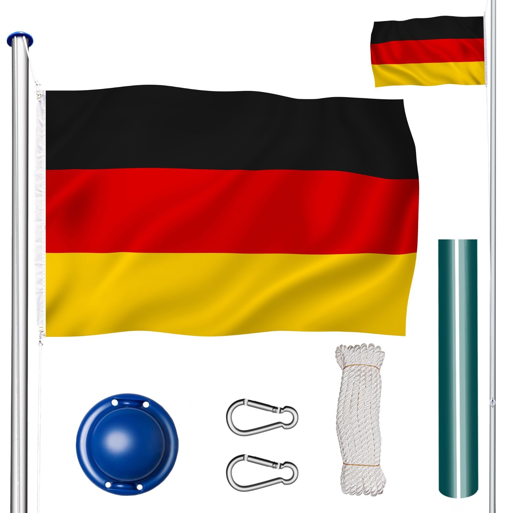 tectake Fahne Aluminium Fahnenmast mit Deutschland Flagge in 6,25 m Höhe (Komplettset, Mast, Flagge, Bodenhülse, Flaggenseil und Abdeckung + Aufbauanleitung), höhenverstellbar im Stecksystem, inklusive Seilzug und Erdanker