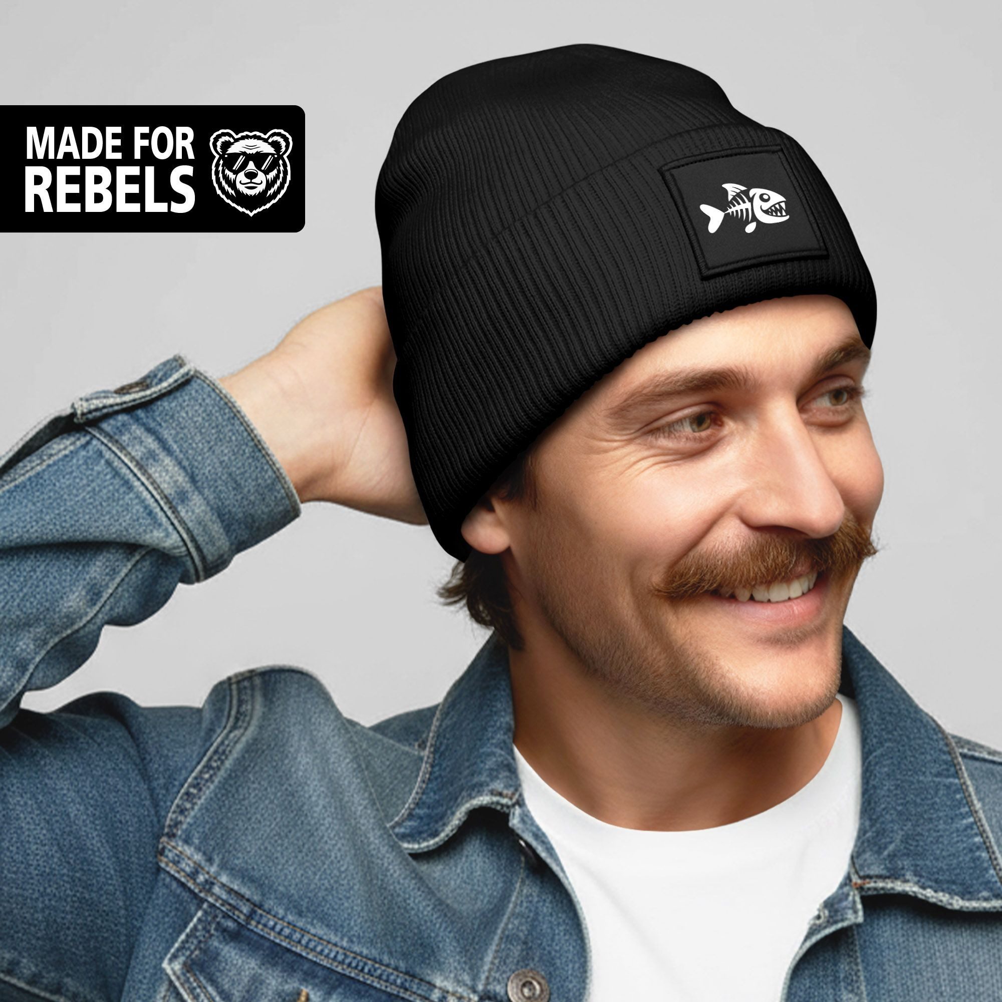 MoonWorks Strickmütze Herren Beanie Patch Piranha Grafik Print Lustig Wintermütze