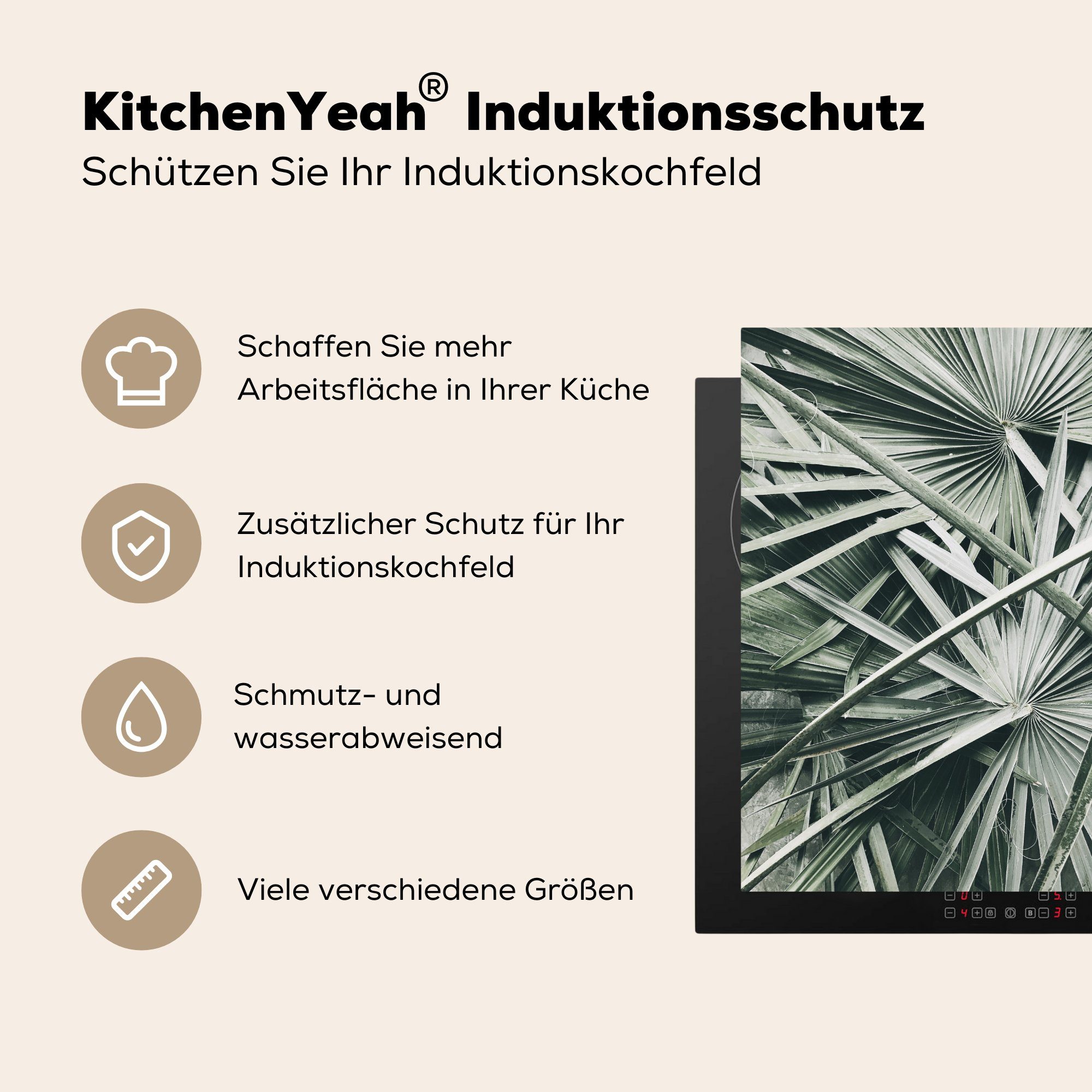 Grün, MuchoWow Herdblende-/Abdeckplatte - Palmenblatt Arbeitsplatte Tropisch (1 cm, küche Ceranfeldabdeckung, tlg), für 78x78 Vinyl, -
