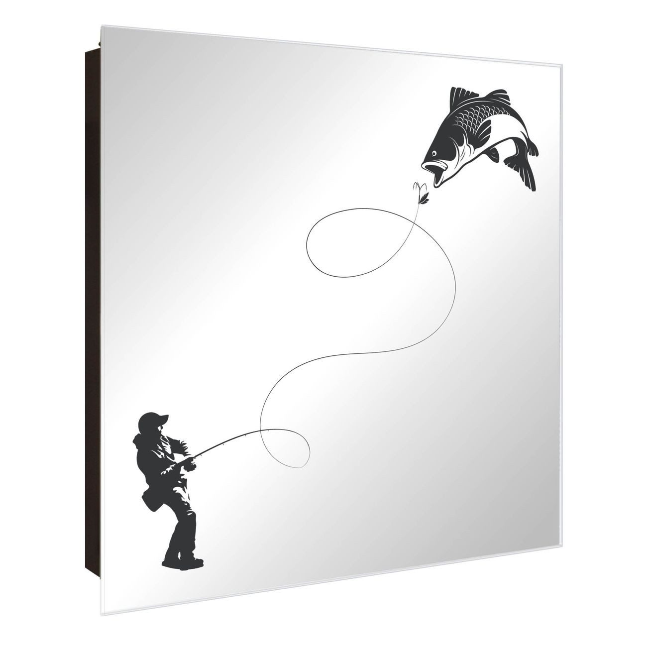 banjado Schlüsselkasten mit Spiegel und Motiv Fischfang, 30x30cm groß für 50 Schlüssel (Stahl Gehäuse, mit 50 Haken), 30 x 30 x 5 cm