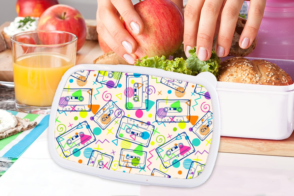 MuchoWow Lunchbox Muster - Retro für für Kassette Kinder (2-tlg), Brotdose, weiß 1980er - - und und Brotbox Kunststoff, Erwachsene, Jungs Jahre, Mädchen