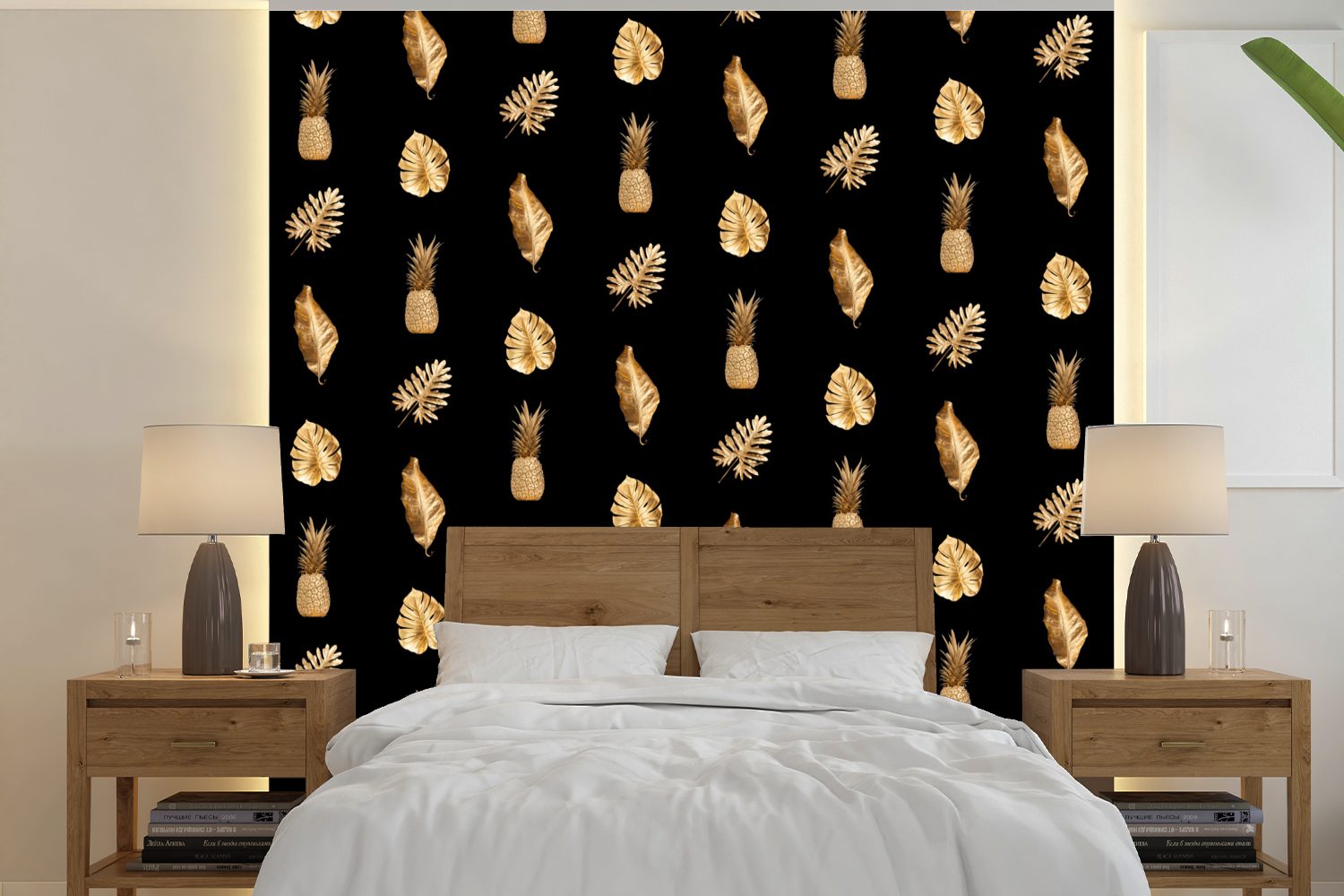 MuchoWow Fototapete Blätter - Gold - Muster, Matt, bedruckt, (5 St), Vinyl Tapete für Wohnzimmer oder Schlafzimmer, Wandtapete