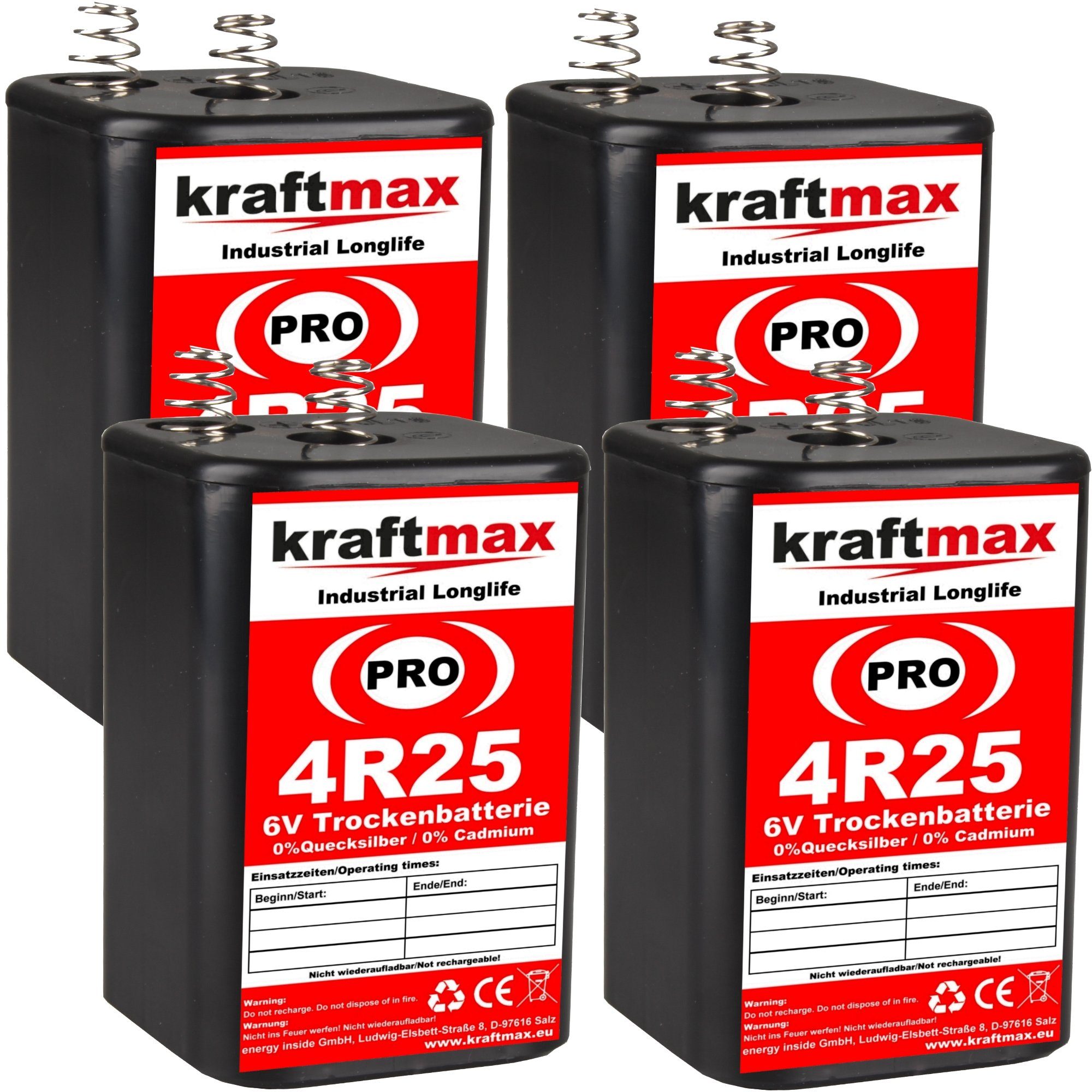 kraftmax 4er Pack 4R25 PRO - 6V Longlife Blockbatterie - 6 Volt Batterie Block Batterie, (1 St)