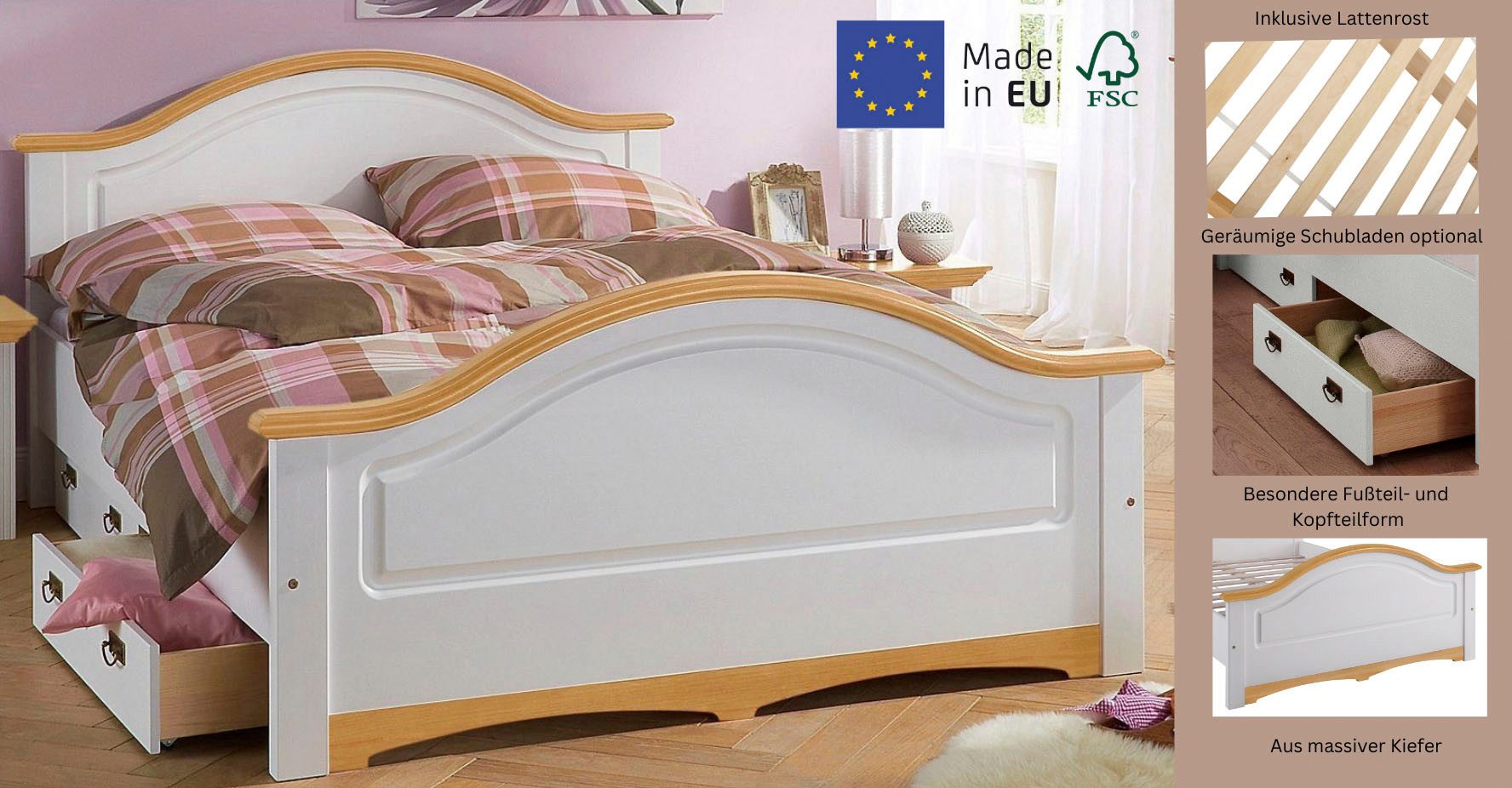 OTTO home Massivholzbett Konrad, hohe Belastbarkeit! FSC® zertifiziertes Massivholz (Breite/Belastbarkeit 180cm/220 KG, 140cm/180 KG), aus massivem Kiefernholz, – Bild 4 von 5