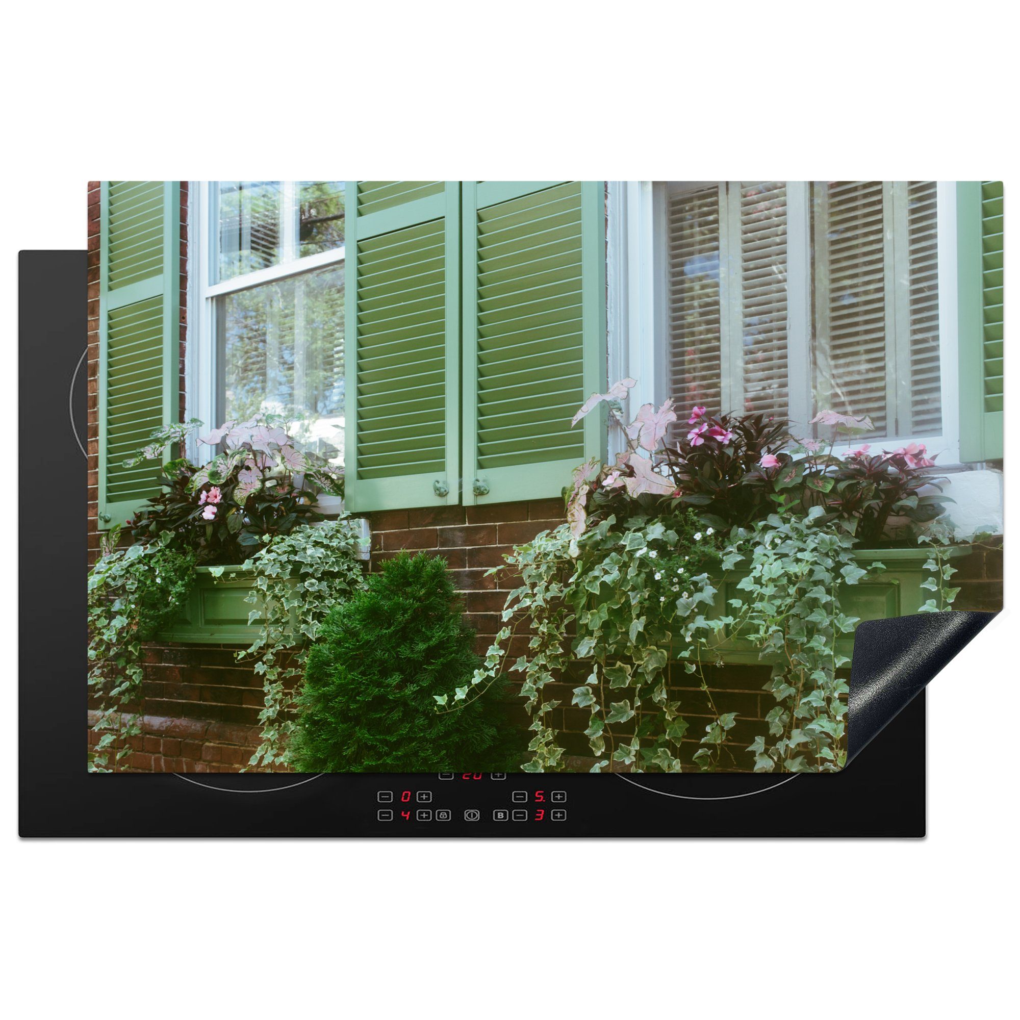 MuchoWow Herdblende-/Abdeckplatte Blumen - Fenster - Farben, Vinyl, (1 tlg), 81x52 cm, Induktionskochfeld Schutz für die küche, Ceranfeldabdeckung