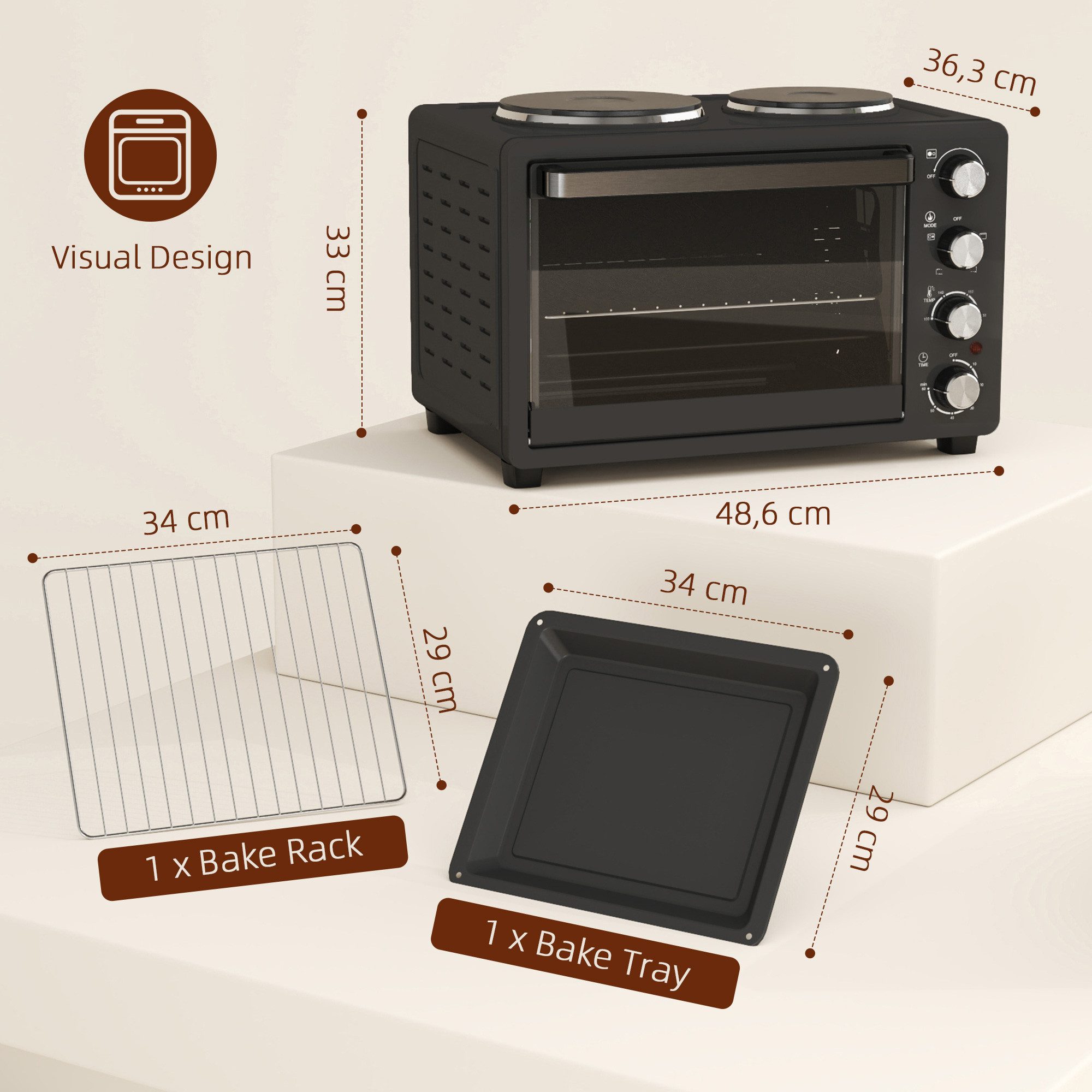 HOMCOM Minibackofen Mini Backofen 28L inkl. Krümelblech, mit Innenbeleuchtung Schwarz, mit Warmhalteplatten, Backblech und Grillrost