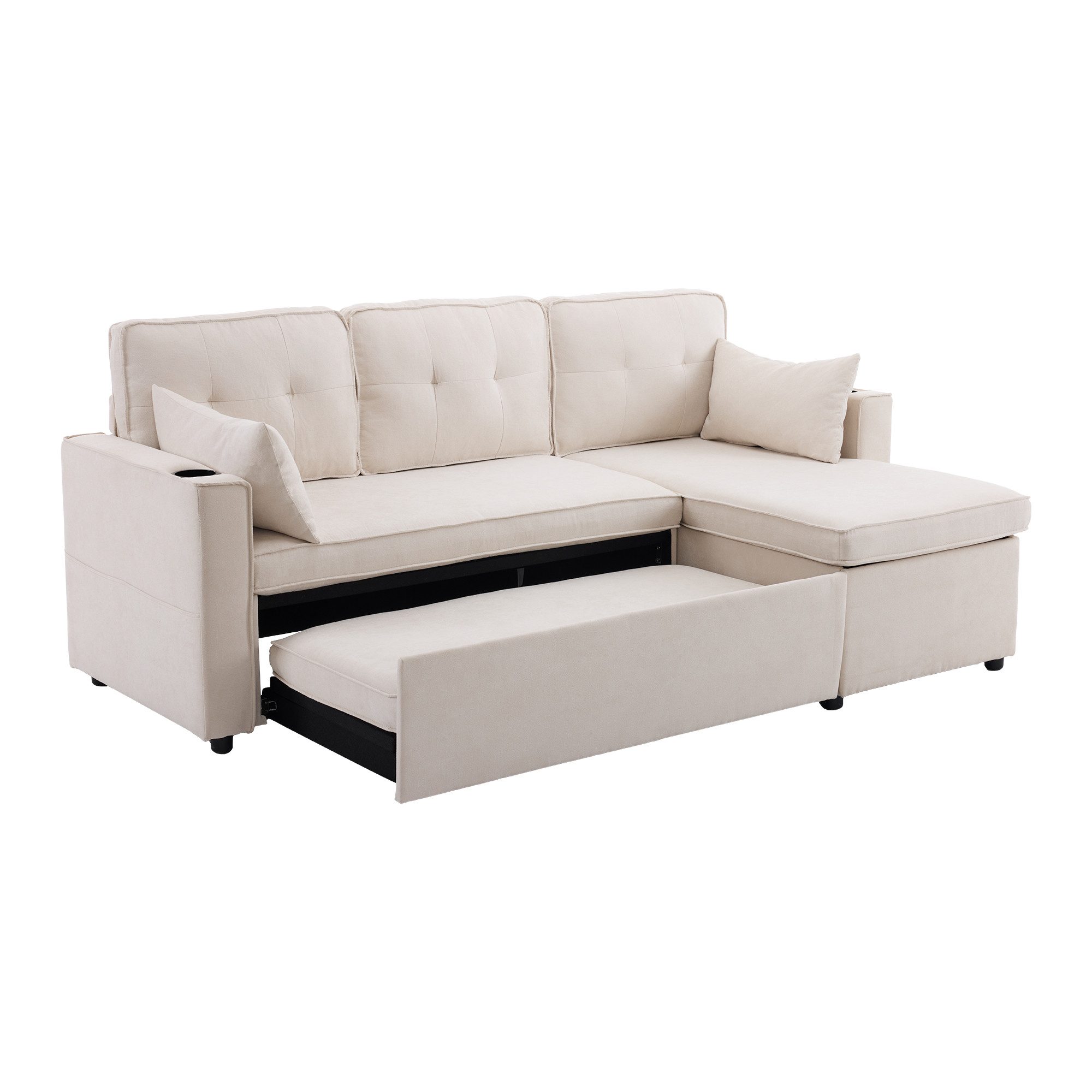 Merax Ecksofa L-Form, Loungesessel mit Schlaffunktion, Seitentasche und Bettkasten