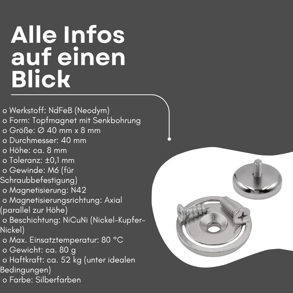MaajeeKuto Magnet Neodym Topfmagnet Ø40 mm mit Senkbohrung 52 kg Gewinde M6 (1-St)