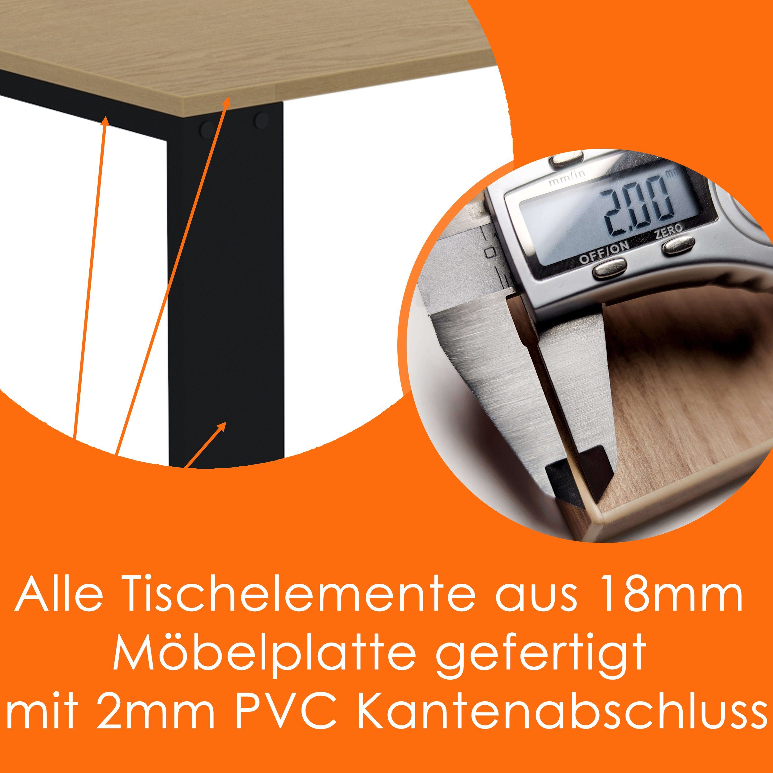 AKKE Esstisch, Esszimmertisch hell 2mm-PVC Schwarze Beinen Küchentisch LOFT Bürotisch Eiche