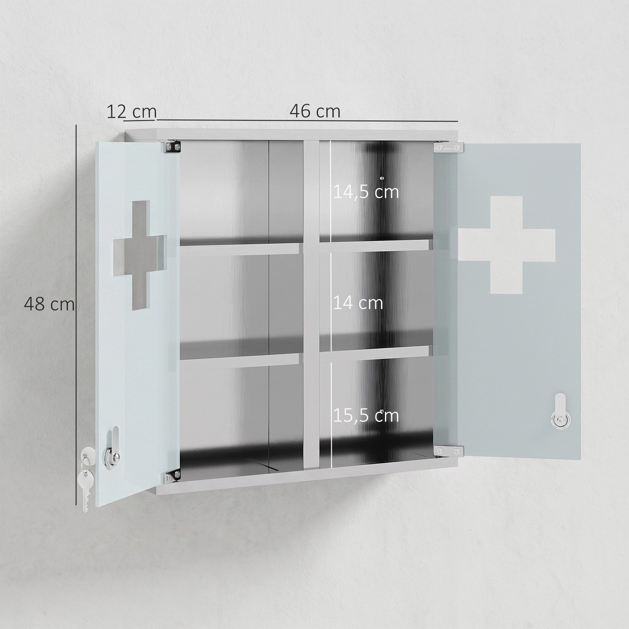 HOMCOM Medizinschrank mit 2 Schlüsseln (Set, 1-St., 1er Set) abschließbar, 6 Fächer, Milchglas