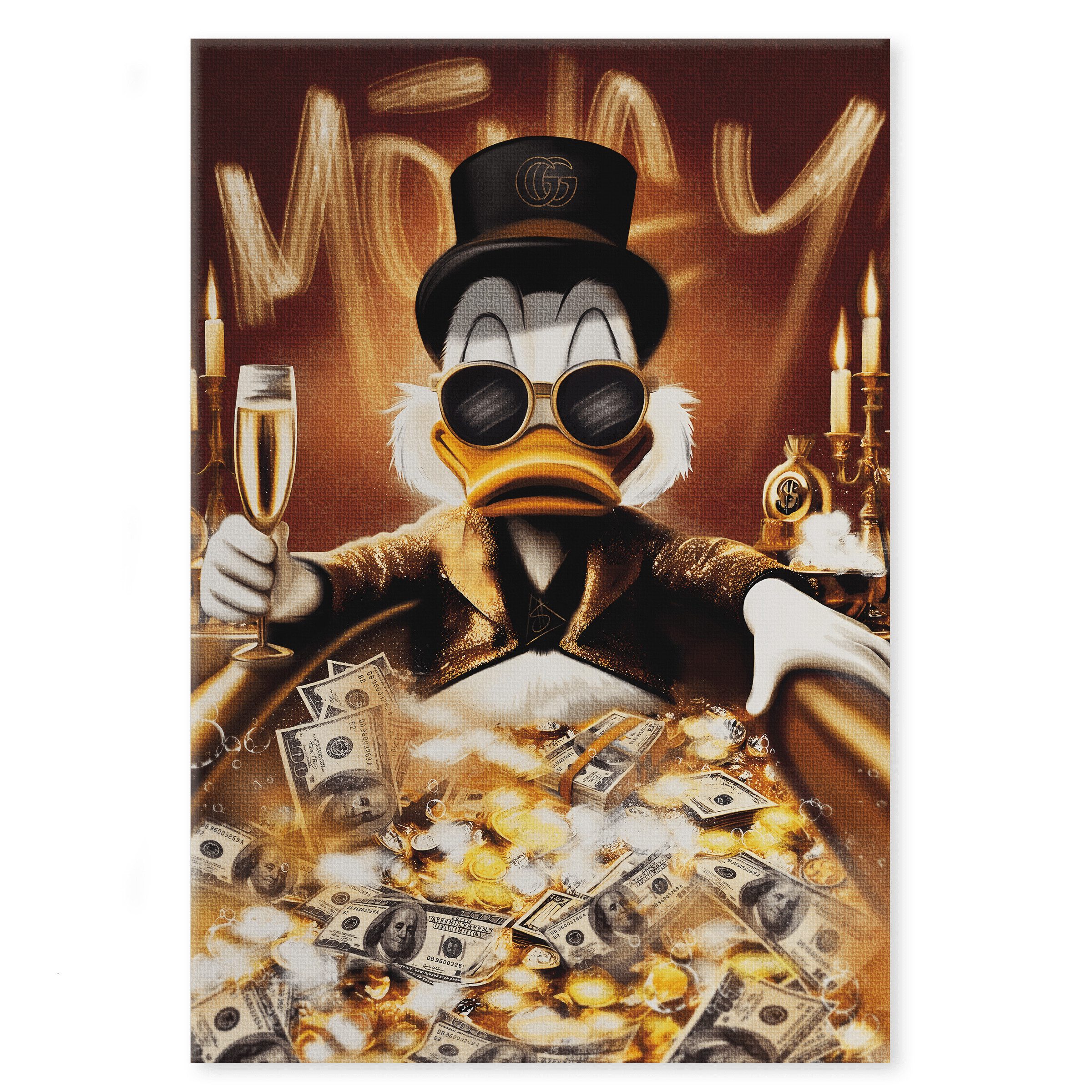 SimpleCanvas Wandbild Bathing Dagobert - Leinwandbild Pop Art / Motivation, Wandbild Dagobert Duck, Geld, Luxuriös