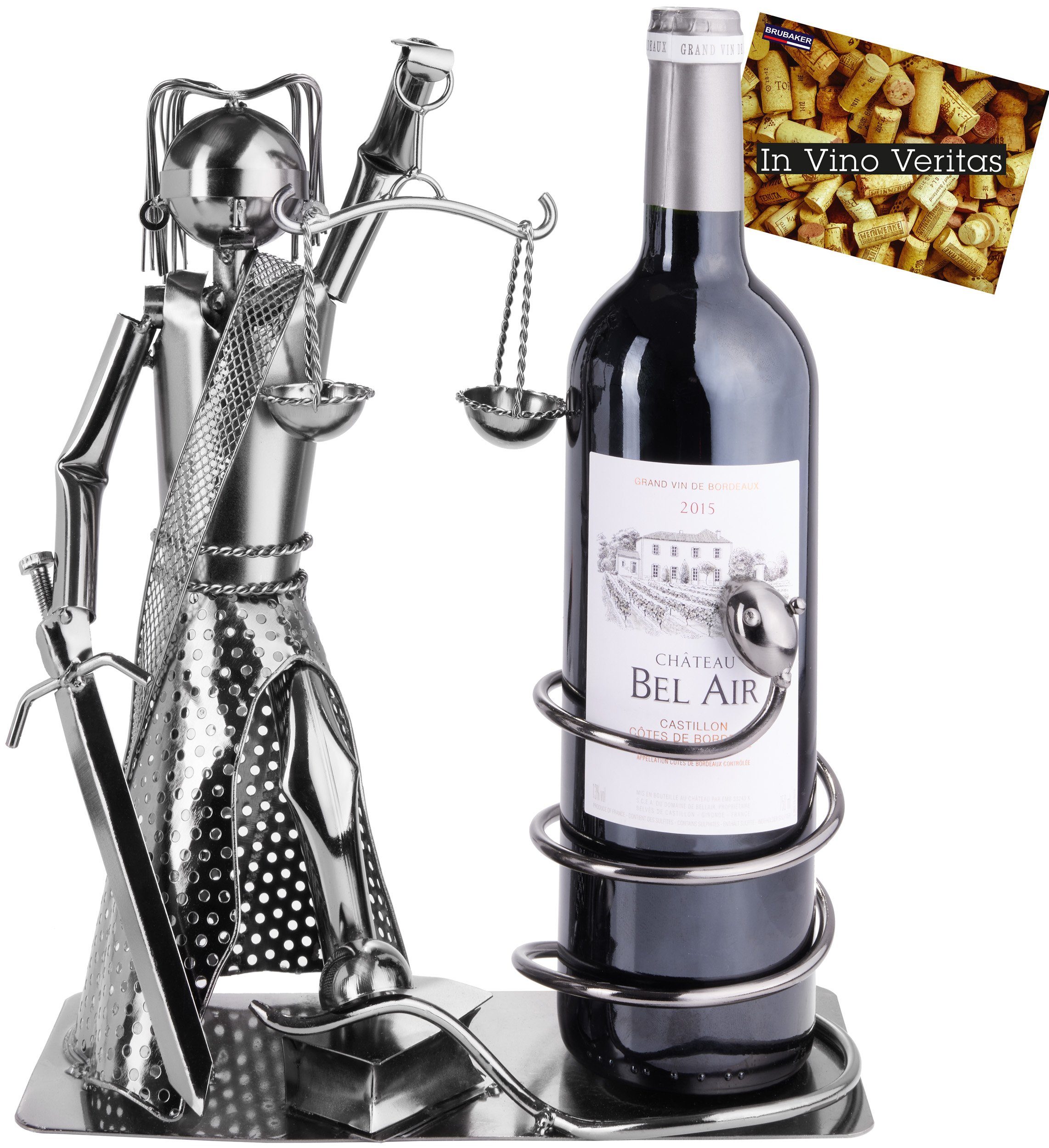 BRUBAKER Weinflaschenhalter Justitia mit Schlange, (inklusive Grußkarte),  Metall Skulptur, Wein Geschenk, Flaschenhalter, Weinhalter