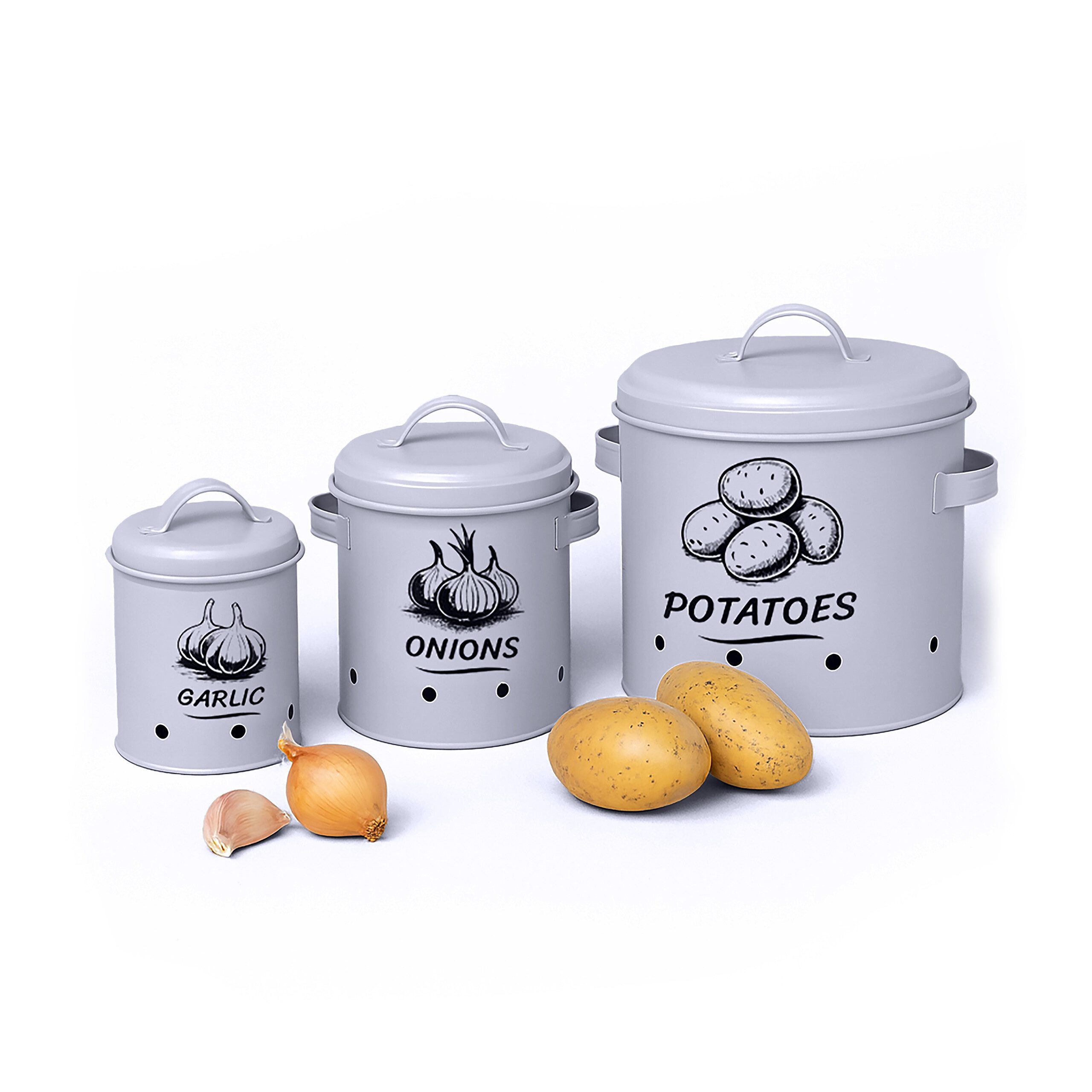 relaxdays Vorratsdose Kartoffel Aufbewahrungsbox 3er Set, Stahl, (3-tlg), grau