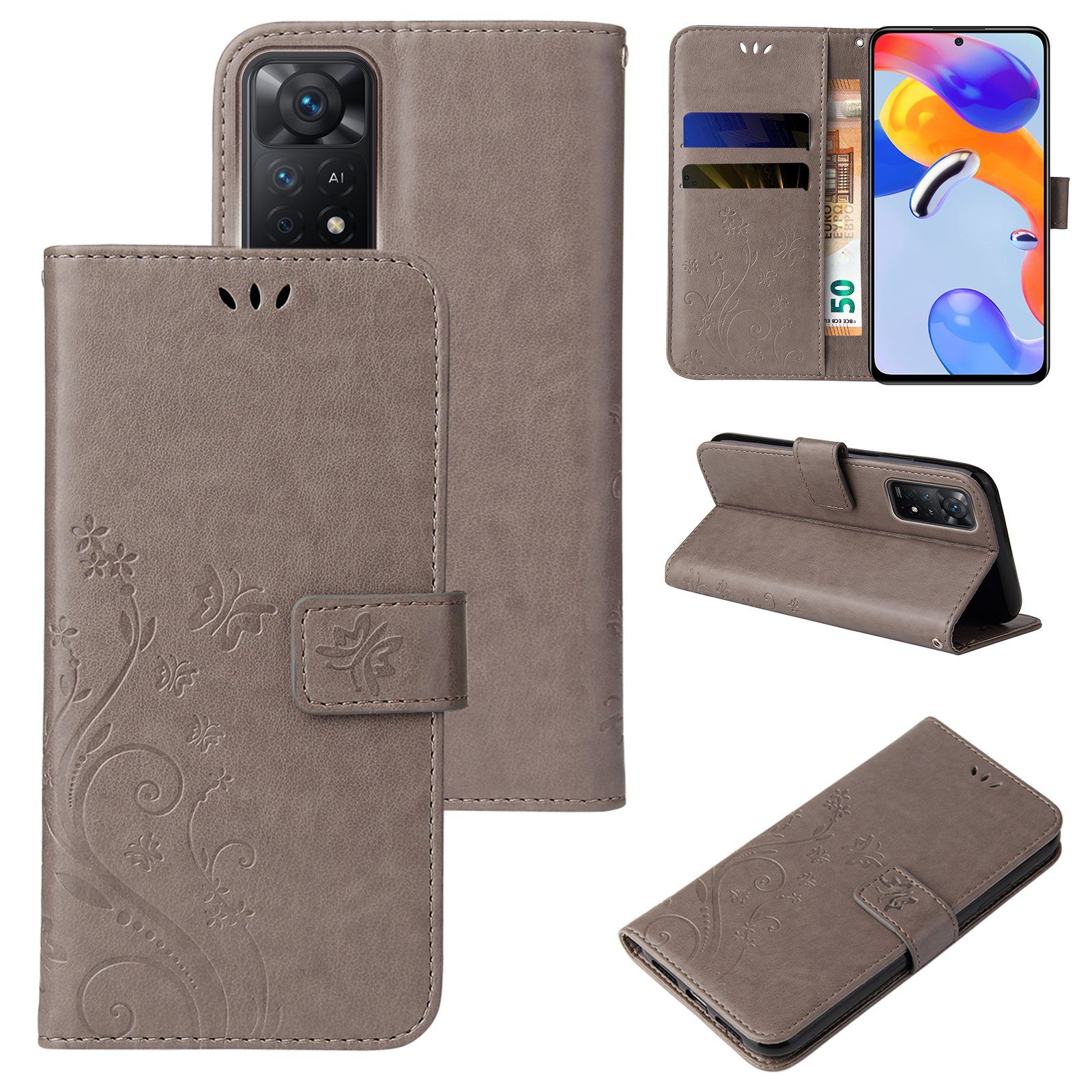 Tec-Expert Handyhülle Cover Tasche Hülle für Xiaomi Redmi Note 11 Pro 6,67 Zoll, Klapphülle Case mit Kartenfach Fliphülle aufstellbar, Motiv Blumen