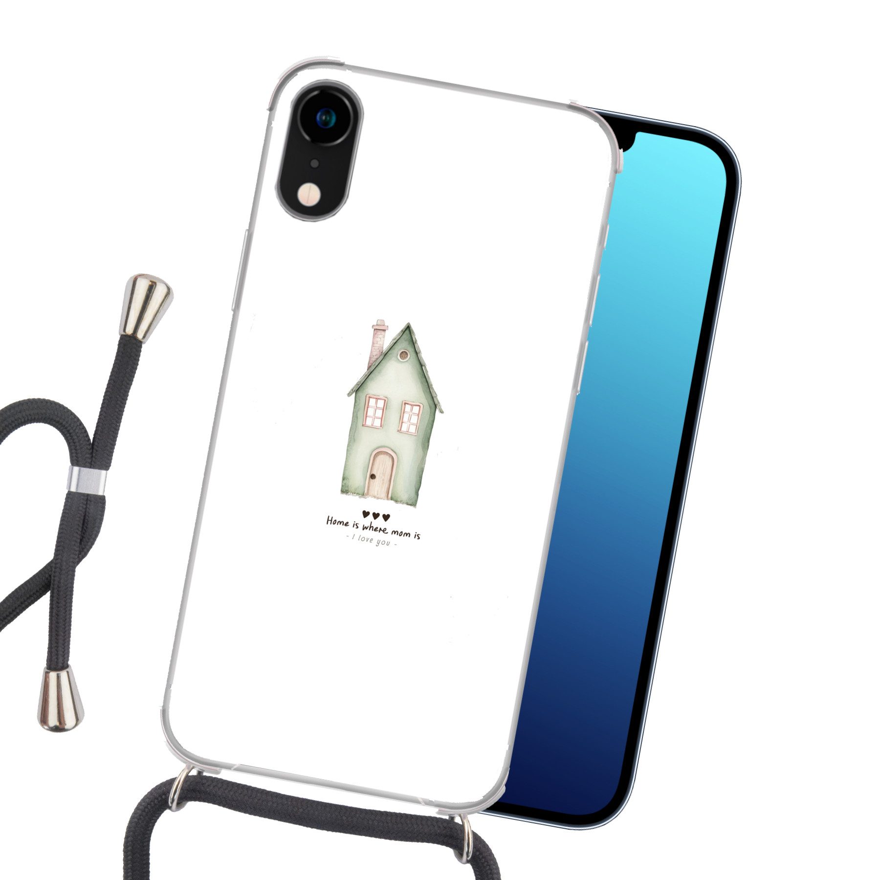 MuchoWow Handyhülle für Apple iPhone XR Landhaus - Grün - Text - Liebevoll, Tragbare Handyhüllen mit Kette zum umhängen, Handykette Handyband