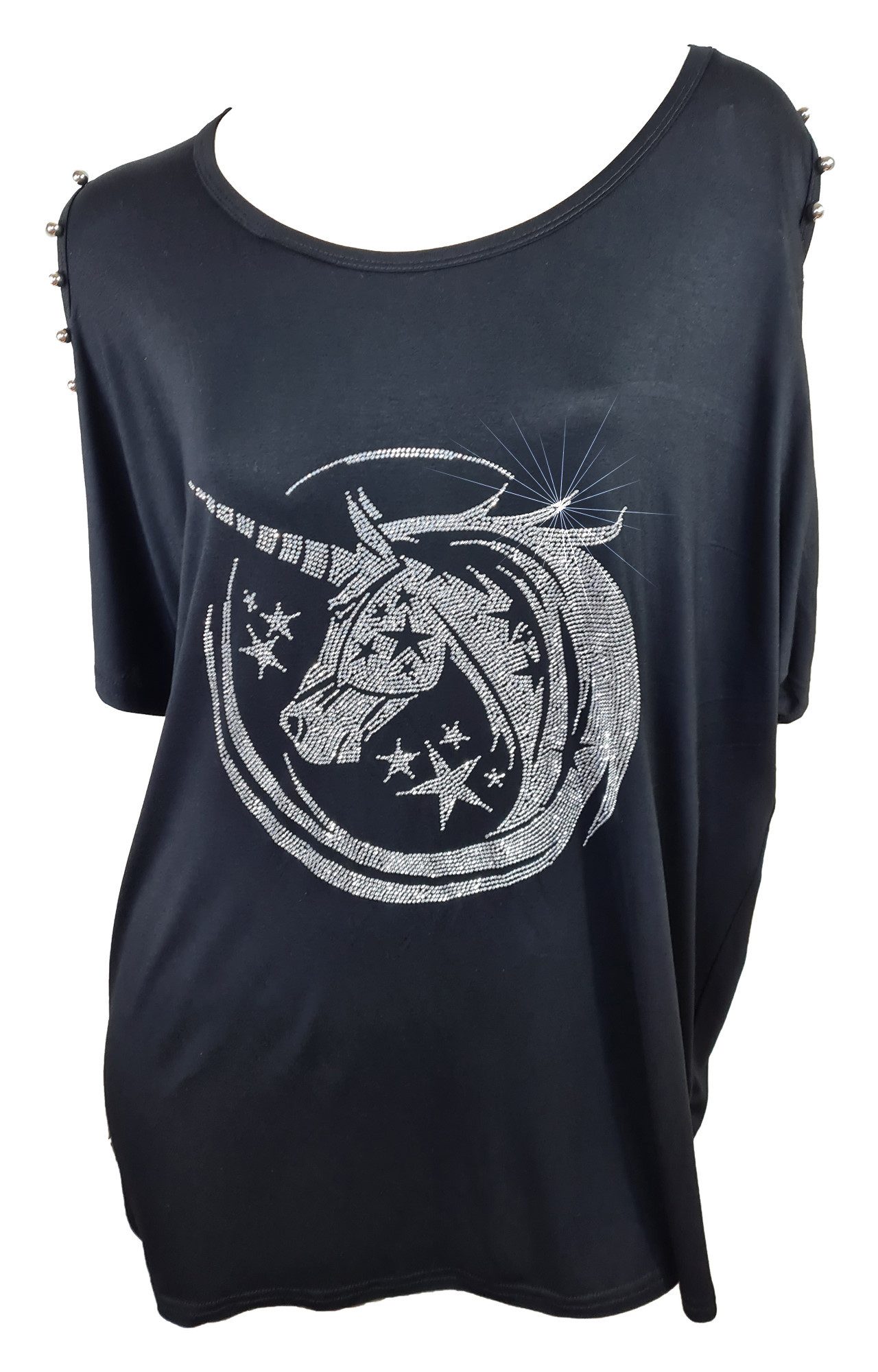Einkaufszauber Kurzarmshirt Einhorn T-Shirt für die Mami Schwarz - Einhorn aus Strass Mit silbernen Kugeln verziert