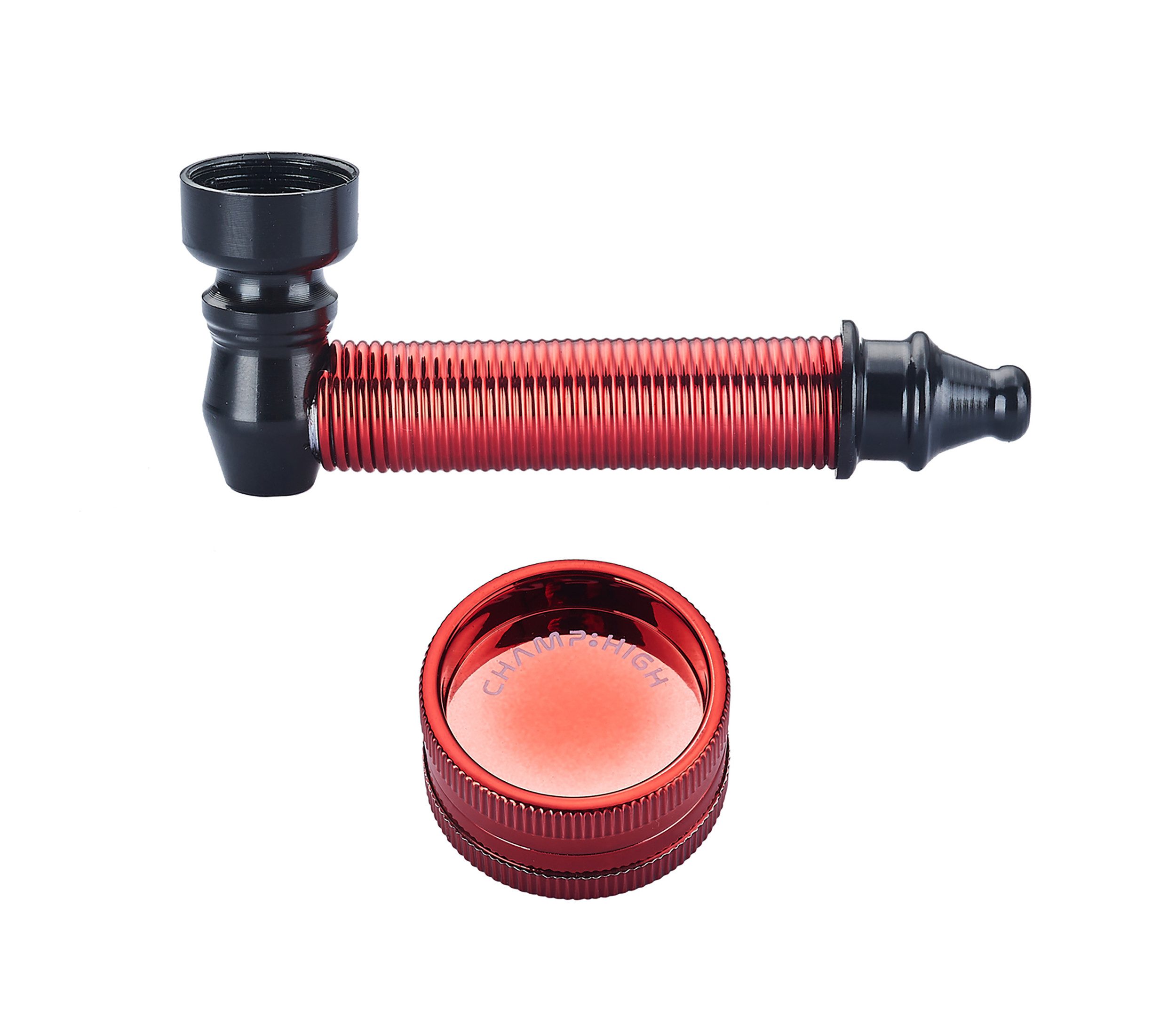 CHAMP Handpfeife TABAKPFEIFE + GRINDER Tabak Glaspfeife Pfeife Mühle Crusher 85 (Rot), Kräutermühle Gewürzmühle Pipe