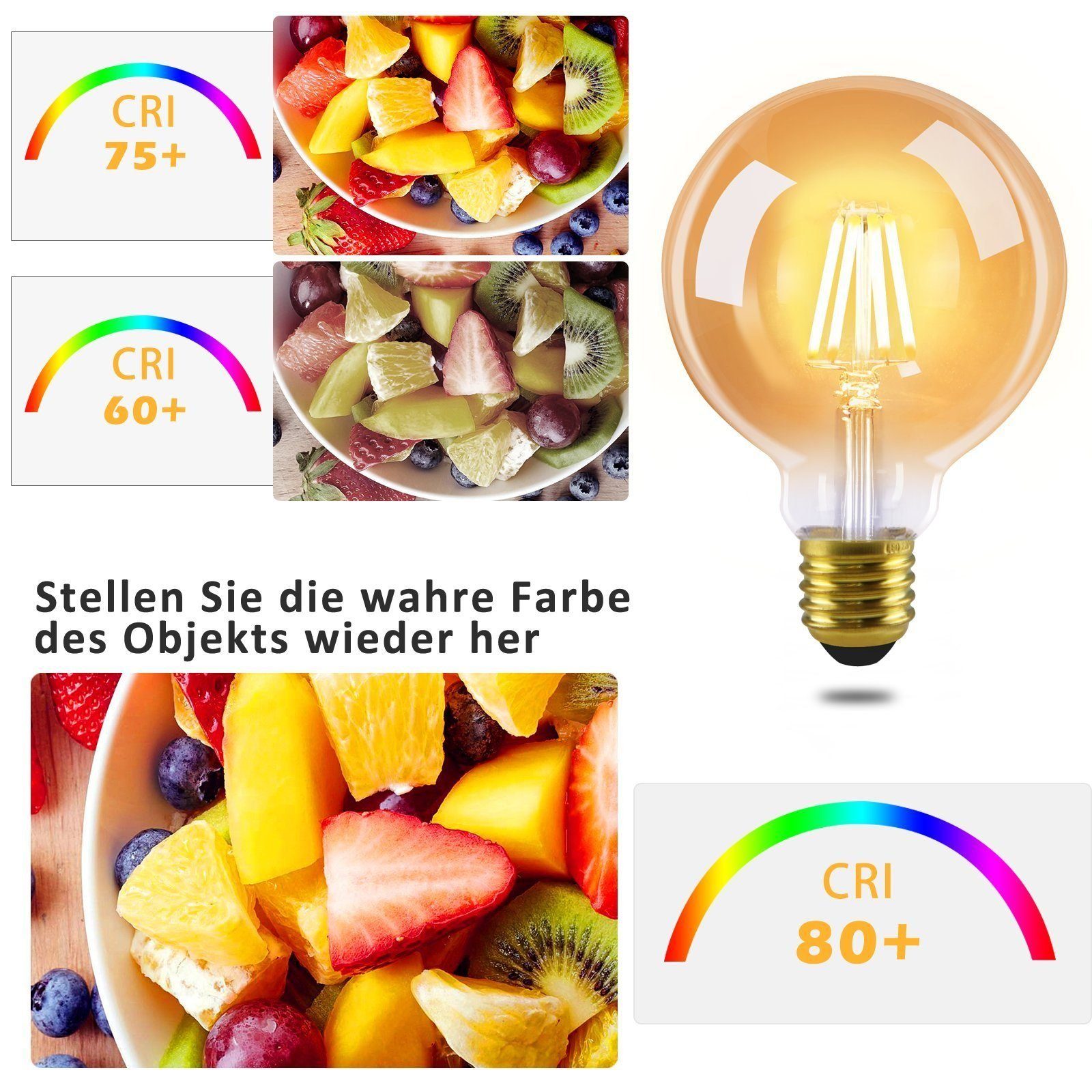ZMH LED-Leuchtmittel Retro G80 Leuchtmittel edison Schlafzimmer, E27, 6 St., Warmweiß, Vintage Filament Energiesparlampe 2700K – Bild 4 von 5