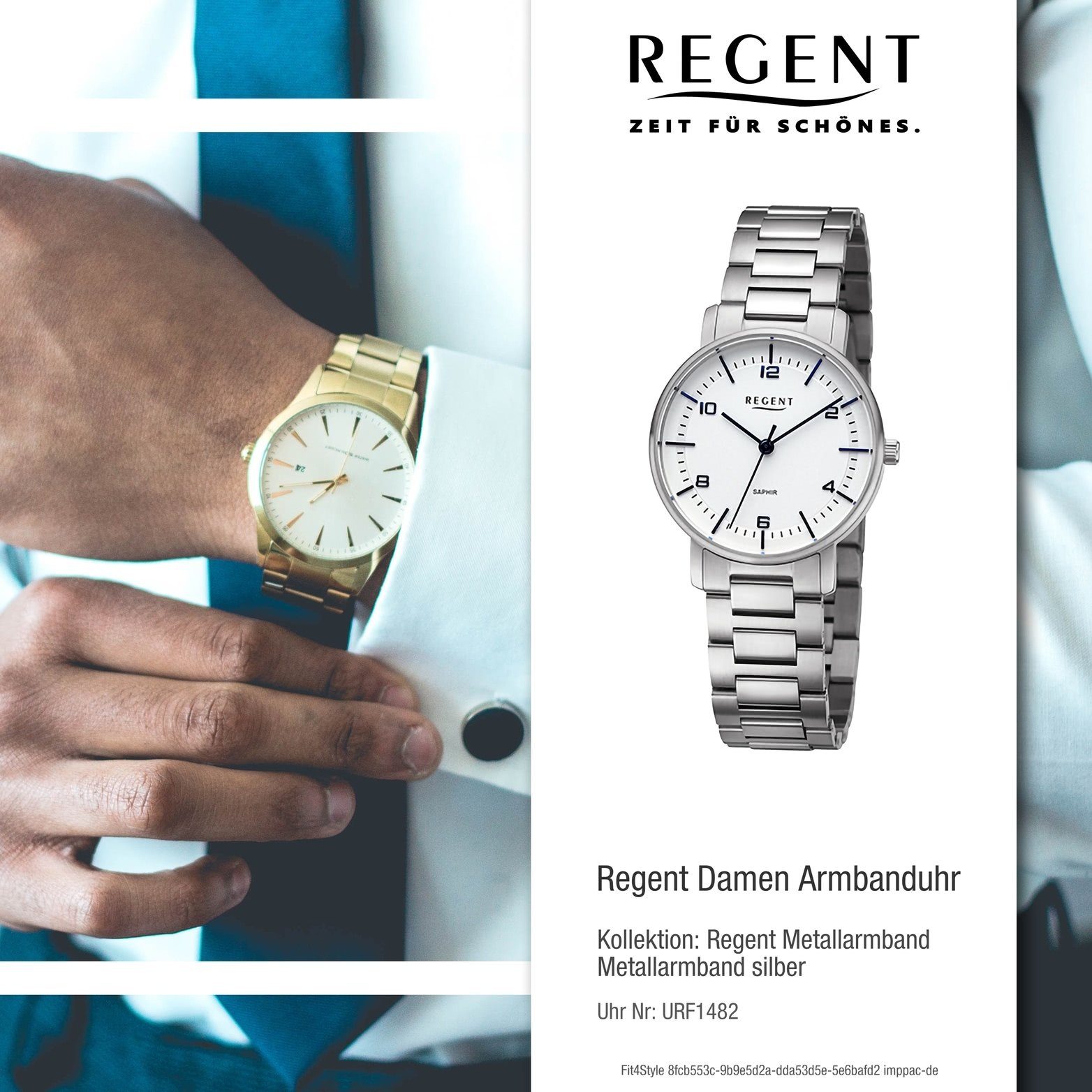 Regent Quarzuhr Regent Damen extra rundes (ca. Analog, Gehäuse, Damenuhr groß Metallarmband Armbanduhr 32mm) silber