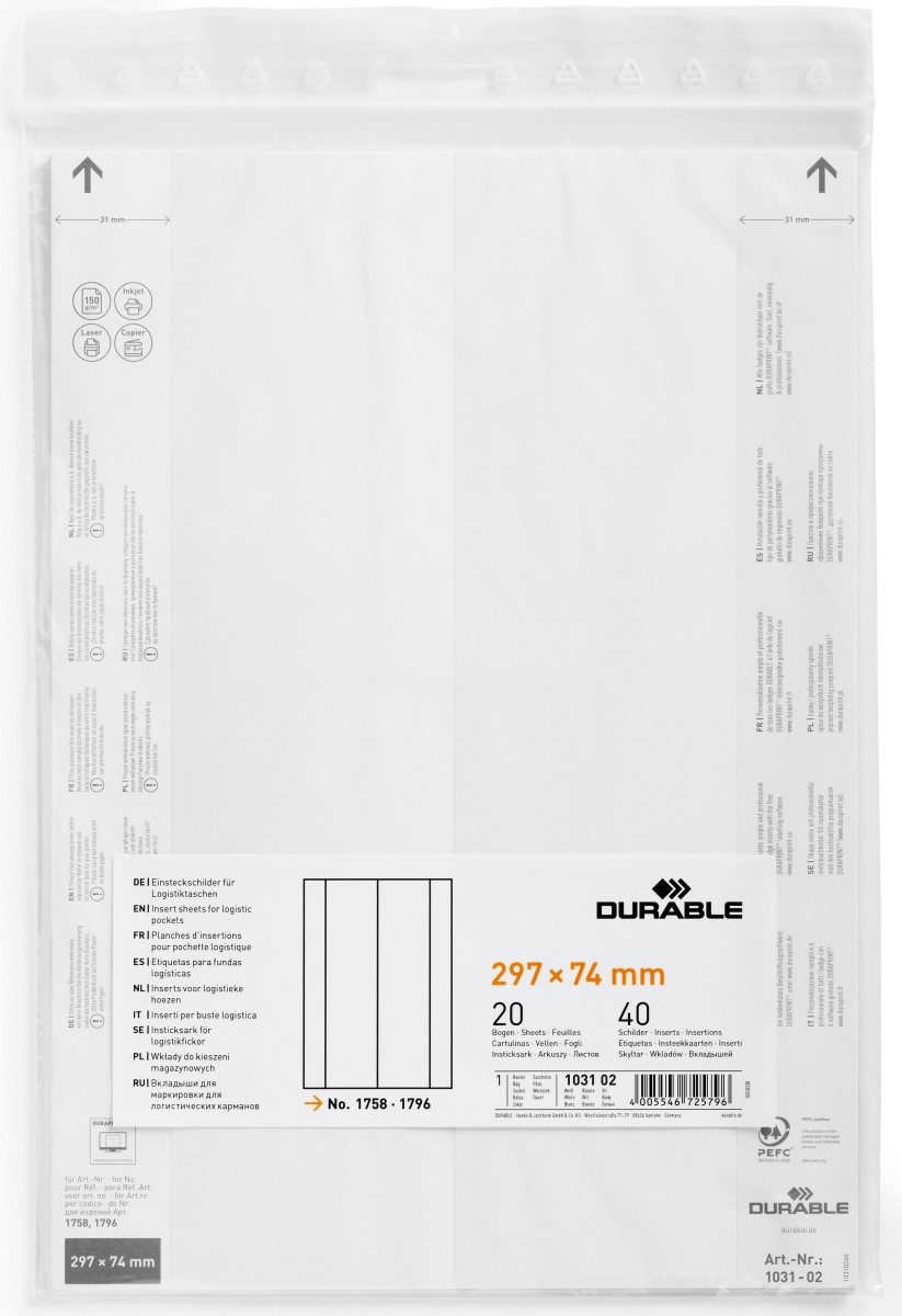 Fächermappe Einsteckschild für Logistiktasche 297x74mm weiß Beutel VE=40 Stück
