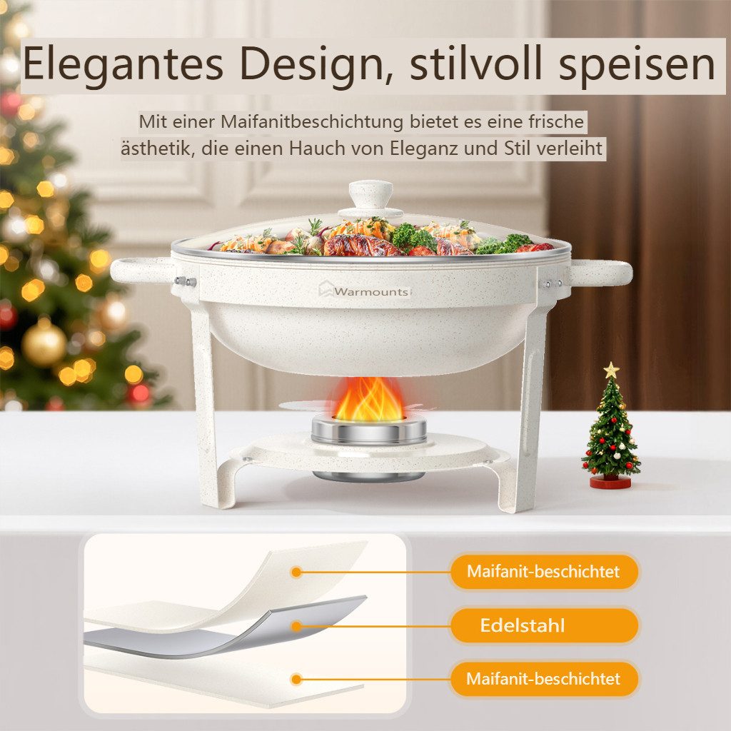 Warmounts Speisenwärmer 5L Chafing Dish Speisenwärmer Set Rund, (4-tlg., Buffet Warmhalter-Set Maifanite-Beschichtung), für Hochzeit, Party, Catering – Bild 5 von 5