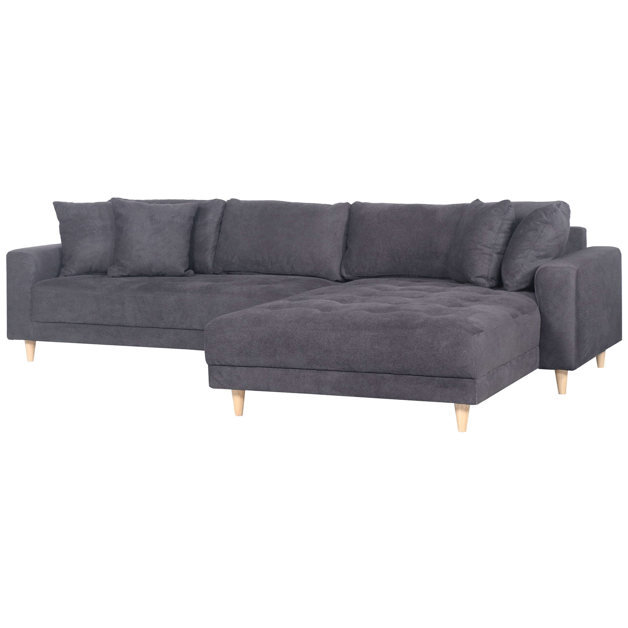 bene living Ecksofa Gorino inkl. Knuffelkissen - dunkelgrau, Indoor-Möbelset 1 Teile, elegante Holzfüße - flache Arm- und Rückenlehne