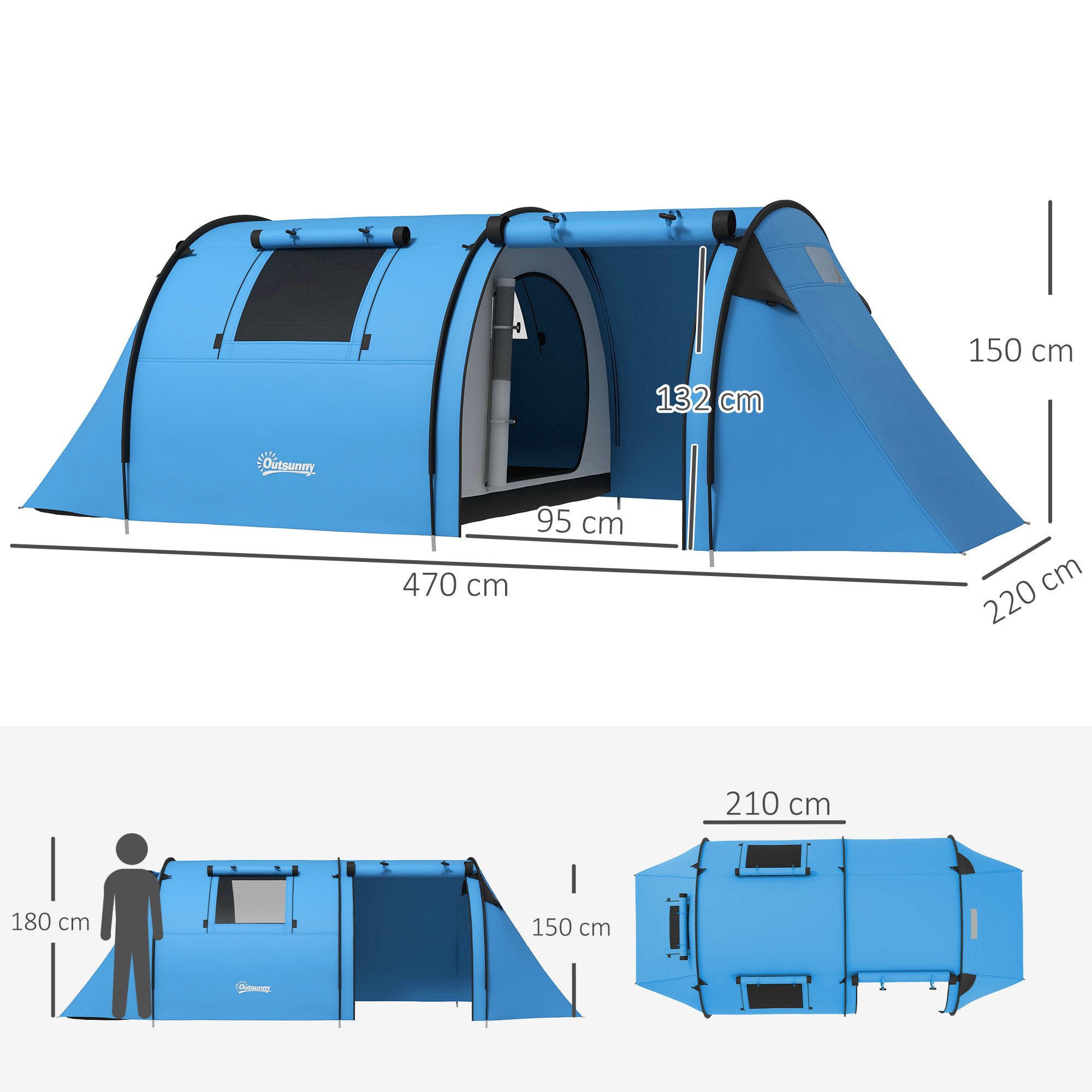 Outsunny Kuppelzelt Campingzelt stabil mit Schlafzimmer Wohnzimmer, Tunnelzelt, Personen: 4 (wasserdicht Campingzelt, 1 tlg., Familienzelt), für Camping Reise, Himmelblau