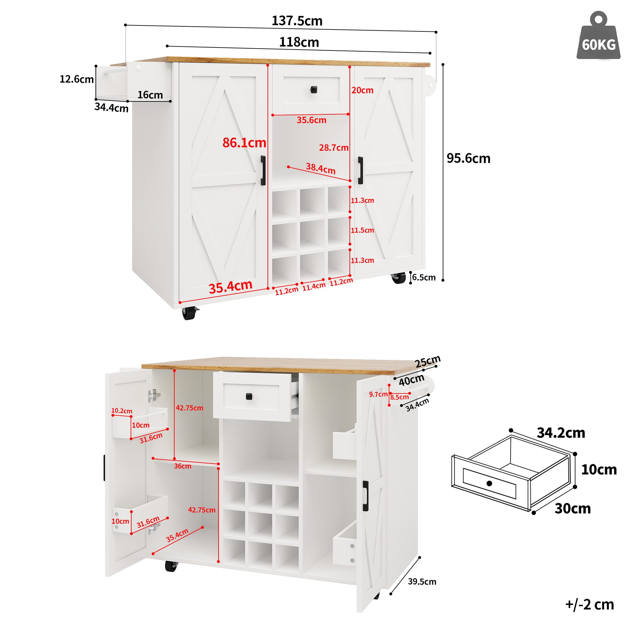 KLAM HOME Kücheninsel Küchenschrank mit Snackregalen und Stretchfunktionsschränken, für Esszimmer, Wohnzimmer, weiß – Bild 5 von 5