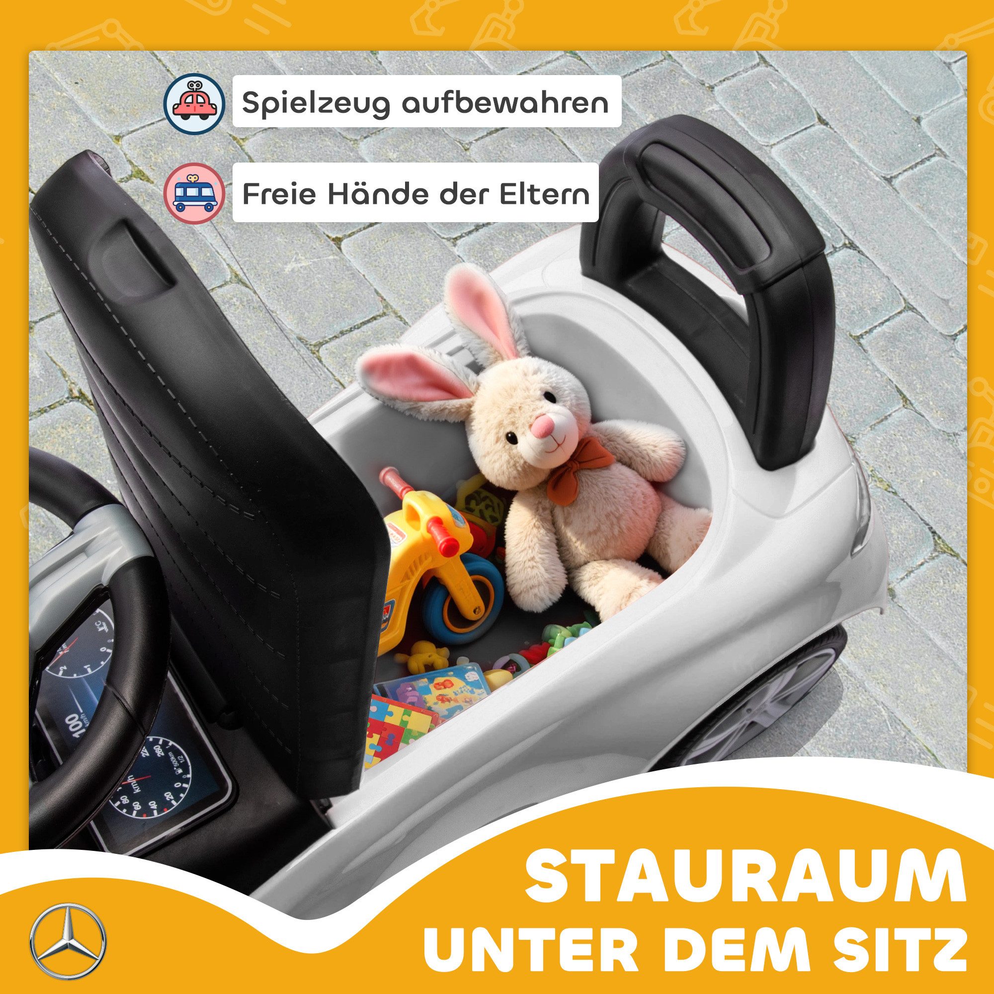 AIYAPLAY Rutscher mit Hupe, Motorgeräuschen, Stauraum unter dem Sitz, (Rutschfahrzeug, 1-tlg., Mercedes-Benz C-Class Rutschauto), für Kinder von 18-36 Monaten, Weiß