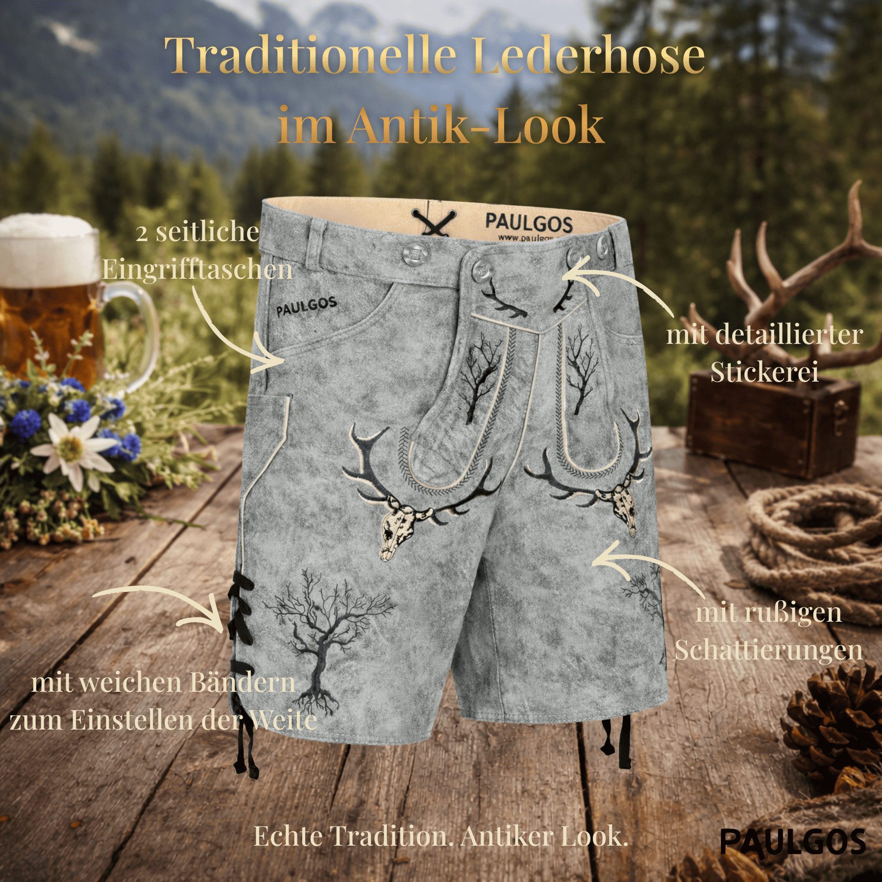 PAULGOS Trachtenhose Herren Lederhose Kurz mit Trägern 100% Echtleder - HK6 ANTIK