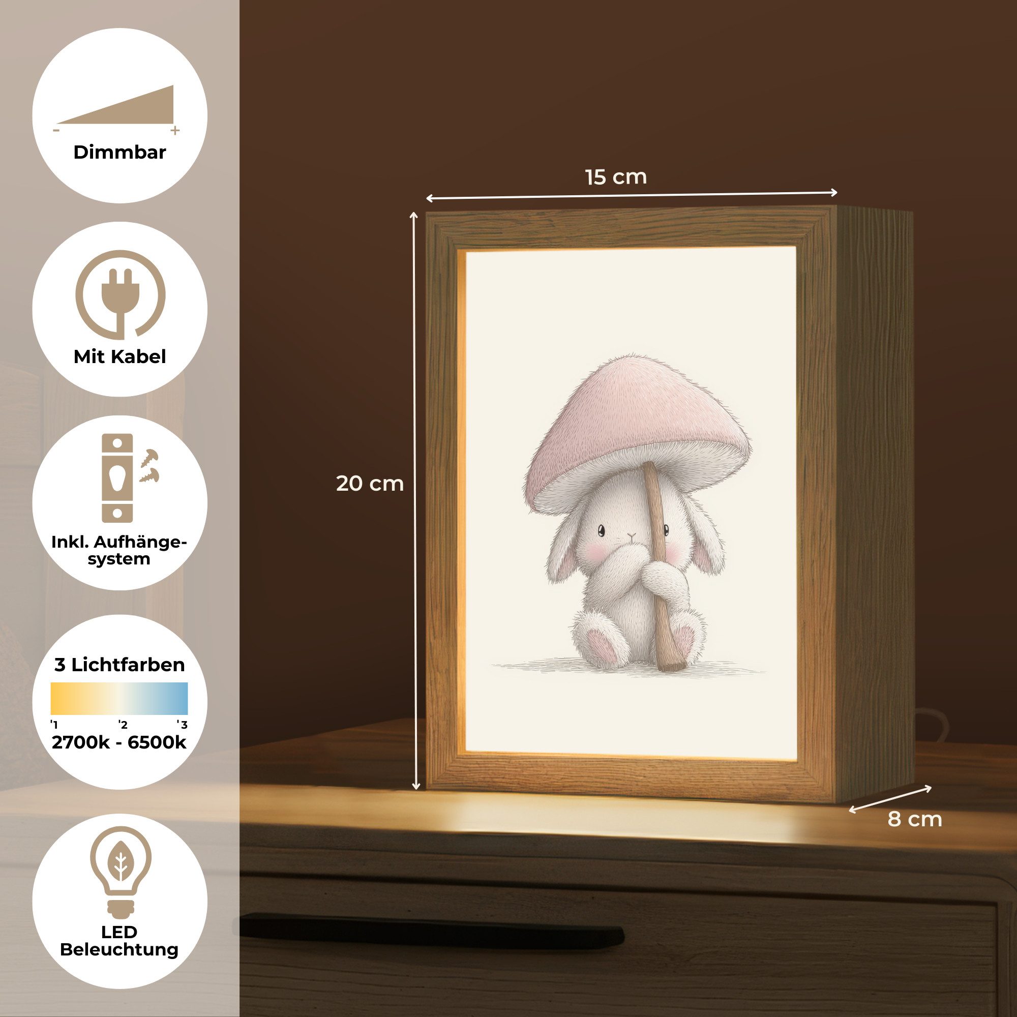 OnlyWow Nachttischlampe Lightbox Pilz - Kaninchen - Rosa - Mädchen, Dimmbar, Farbwechsel, LED, Warmweiß, Kaltweiß, Neutralweiß Einstellbar, Kinderzimmer, Babyzimmer, Dimmbar, mit Kabel, Nachtlampe, LED