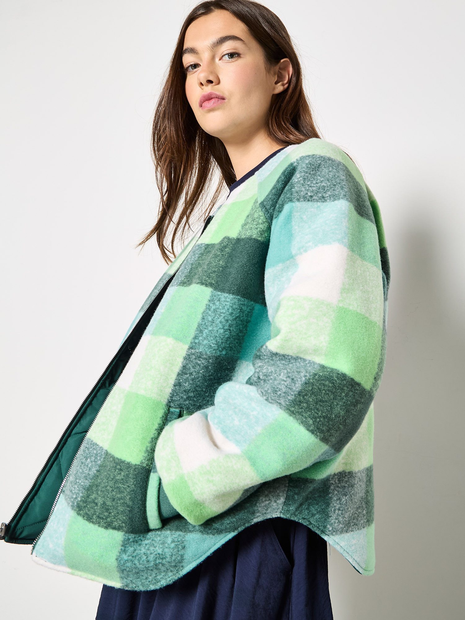 Apricot Steppjacke Wendbare Steppjacke aus kariertem Fleece Gemustert