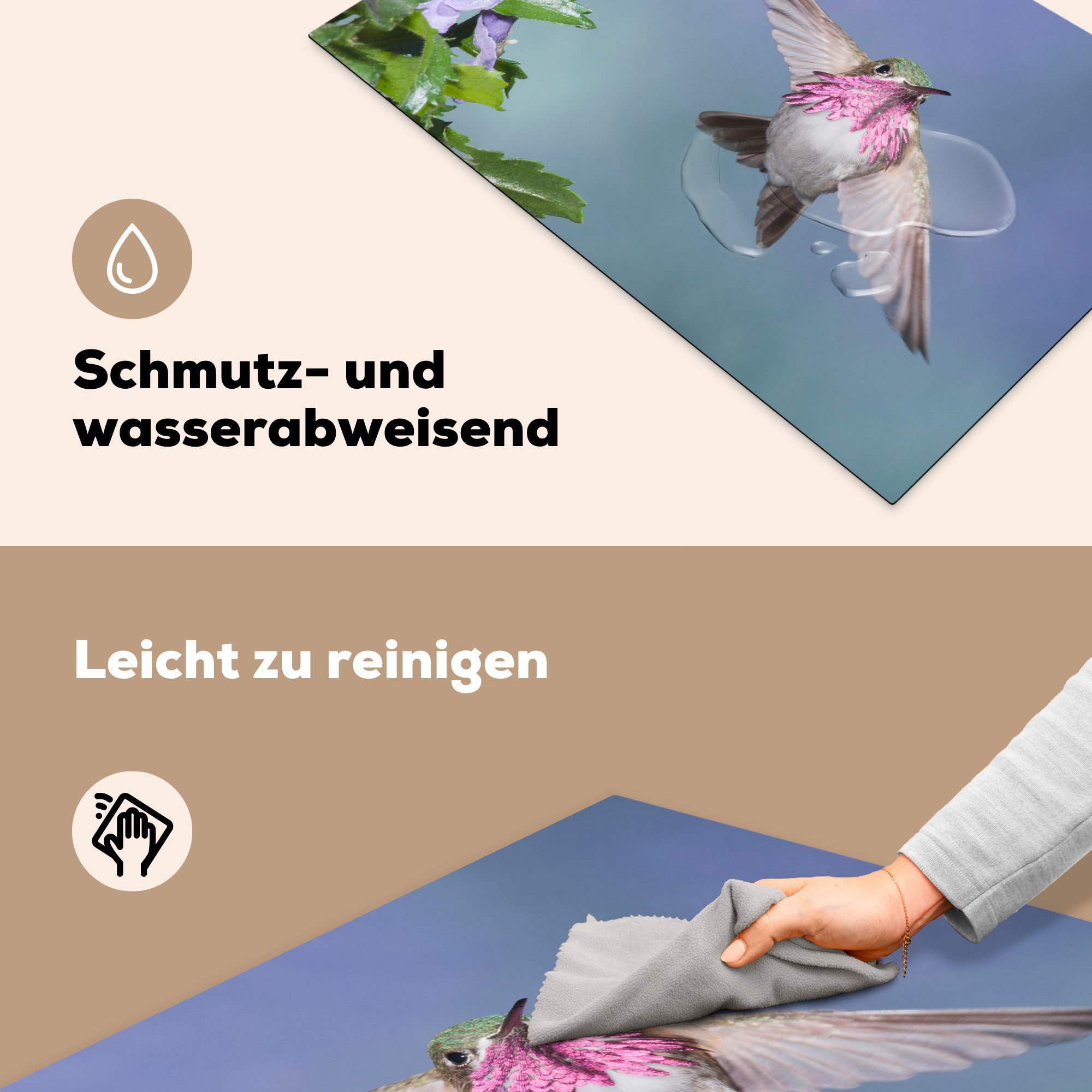 MuchoWow Herdblende-/Abdeckplatte Kolibri - Blumen cm, für Induktionskochfeld küche, Ceranfeldabdeckung (1 - 81x52 Vinyl, Himmel, tlg), die Schutz
