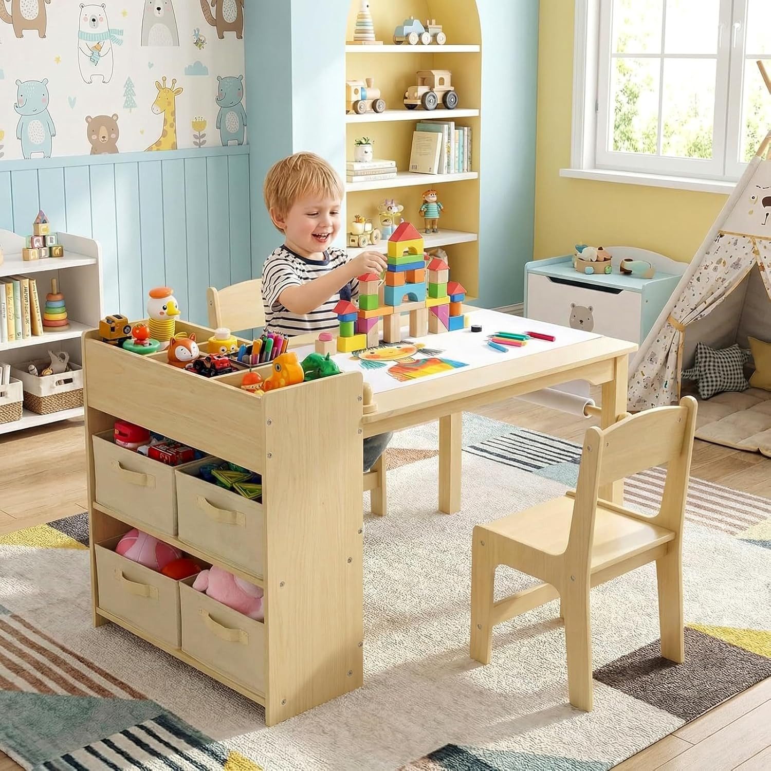 TLGREEN Kindertisch Kindermaltisch mit 2 Stühlen (Maltisch Schreibtisch mit Papierrolle und 4 Aufbewahrungskiste, Zeichentisch 100kg Belastbarkeit für Malen/Lernen), Maltisch Kindersitzgruppe mit Stauraum
