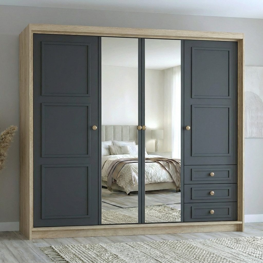 A&J MöbelLand GmbH Drehtürenschrank OSLO viertüriger Kleiderschrank mit Schubladen und Metallgriffen (Geräumiger viertüriger Kleiderschrank mit Schubladen und Metallgriffen. Geräumiger Schrank mit einer Breite von 200 cm und Schubladen, ideal zur Aufbewahrung von Kleidung und Accessoires. Viel Stauraum. TOP PRODUKT! Wählen Sie das ideale Modell für Ihr Schlafzimmer!, TOP ANGEBOT) Breite: 200 cm, Höhe: 215 cm, Tiefe: 59,5 cm