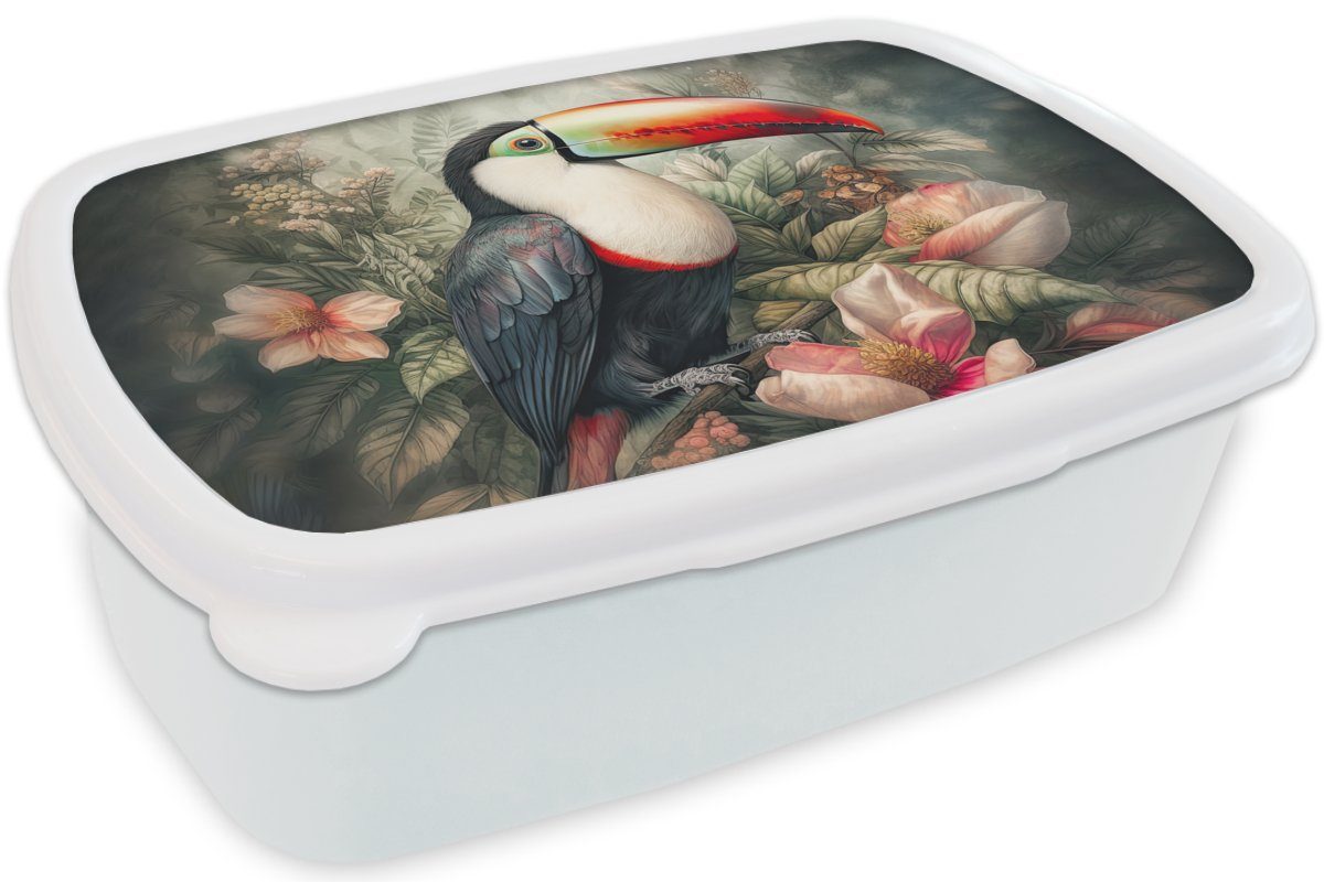 MuchoWow Lunchbox Jungs und Tropisch, Mädchen Brotdose, Brotbox und - Pflanzen (2-tlg), für - - Erwachsene, Kinder - Blumen weiß Vögel Kunststoff, Tukan für