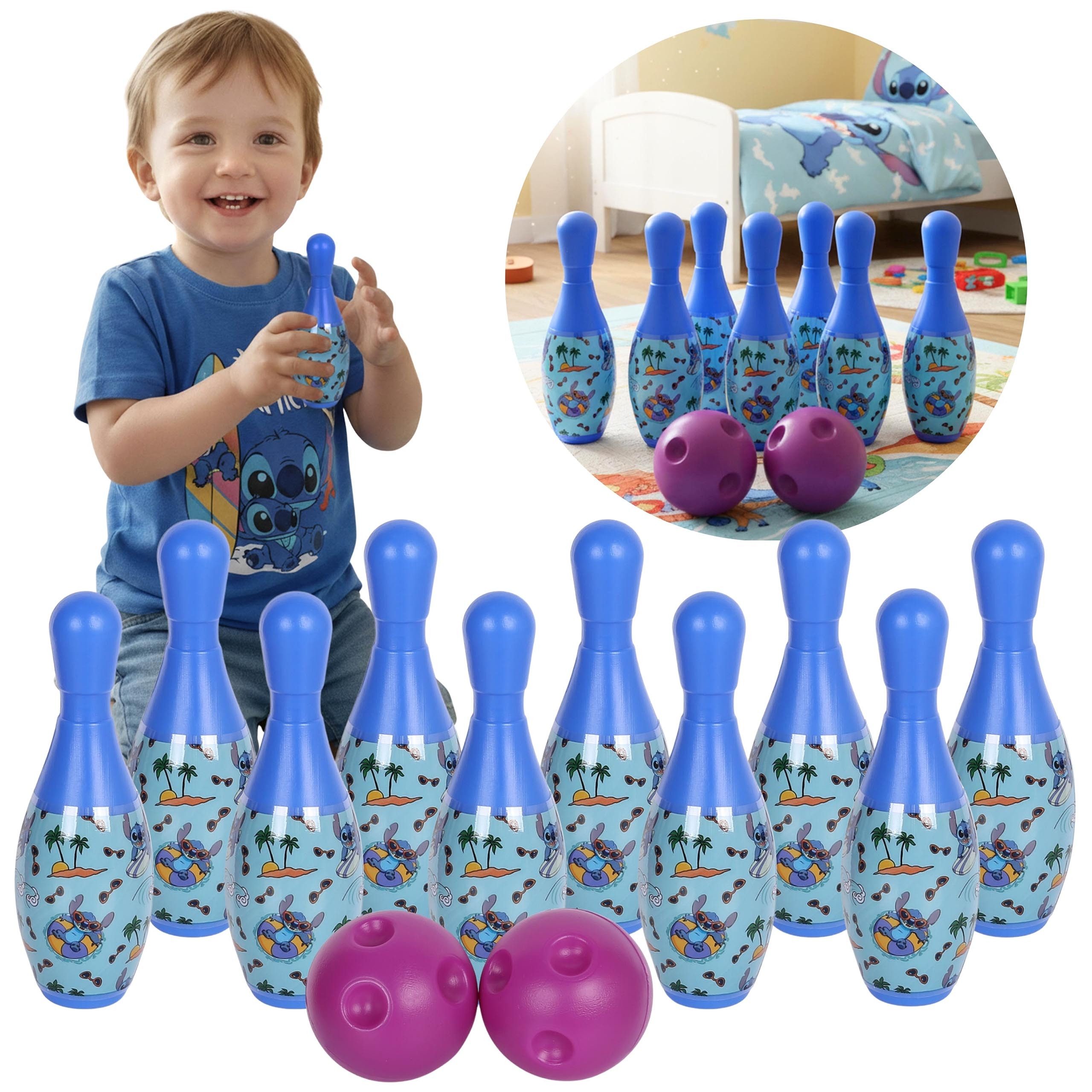 Disney Spielesammlung DISNEY Stitch Bowling Set Kinder 10 Kegel + 2 Kugeln, 3+