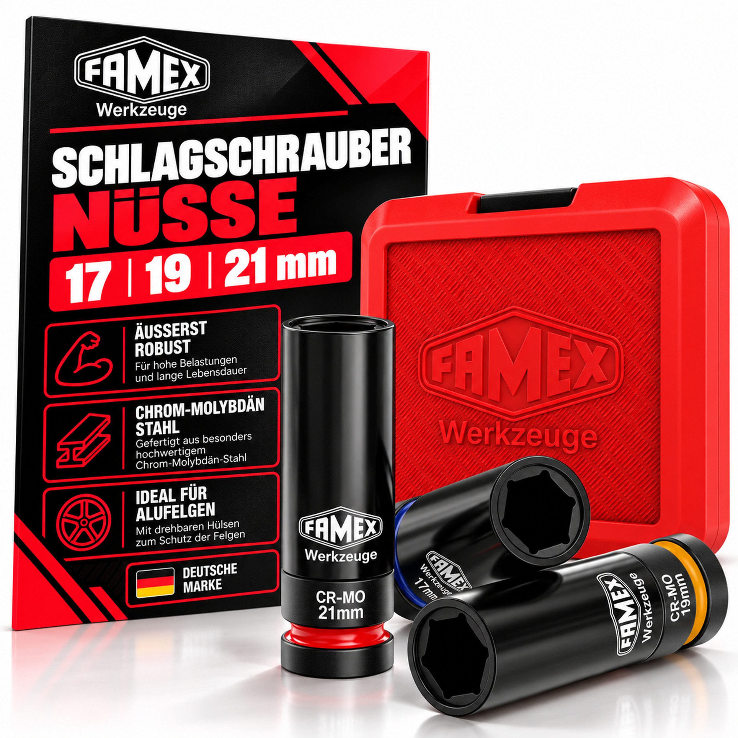 FAMEX Steckschlüssel 10807 Schlagschrauber-Nüsse 17/19/21mm, Impact, Kraft Stecknüsse (Radnüsse, Radwechsel-Set, 3 St., Chrom-Molybdän-Stahl, äußert robust), Radmutterneinsätze, Chom-Molybdän von FAMEX