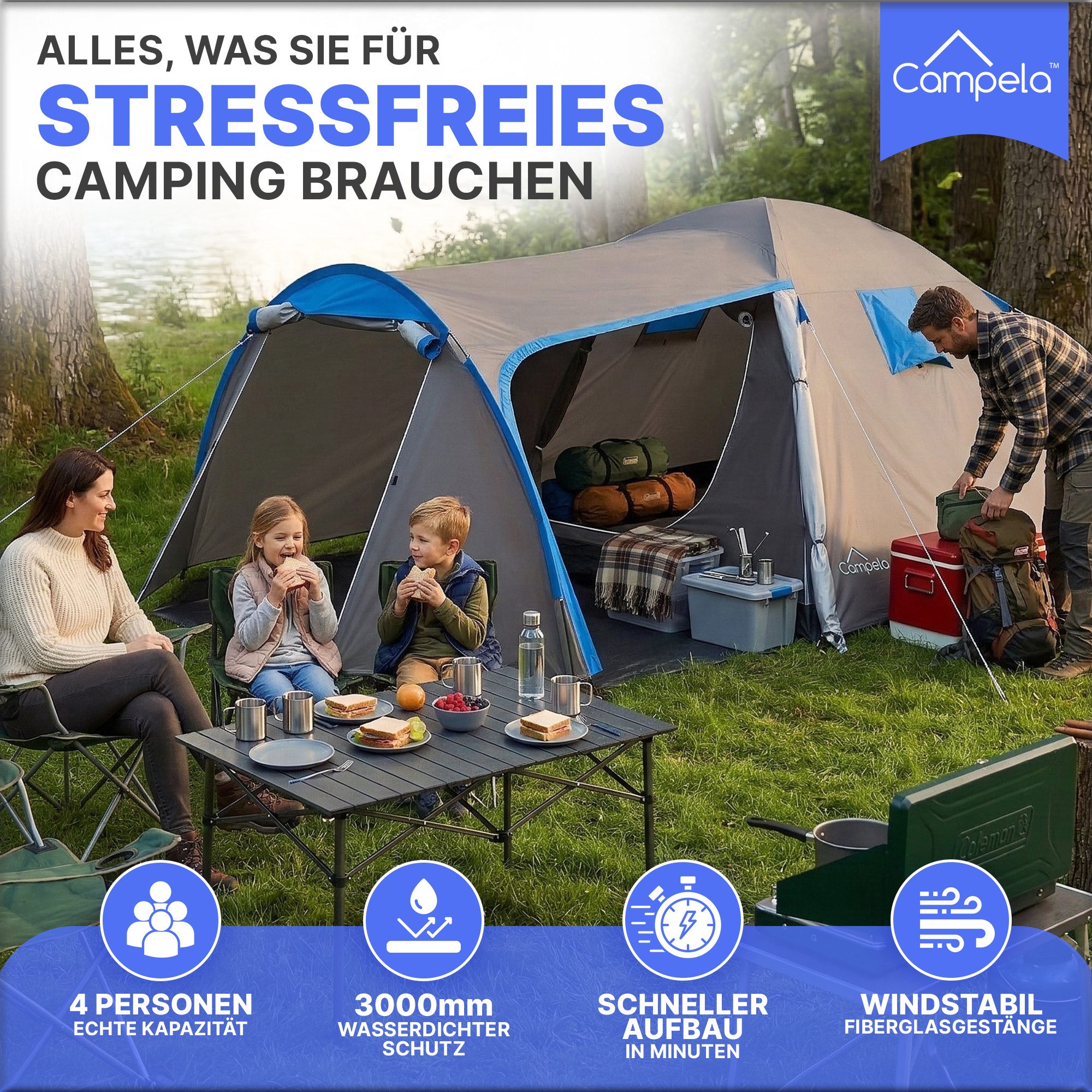 Campela Biwakzelt Familienzelt 4 Personen – wasserdicht 3000 mm – Camping – Vorraum, Personen: 4