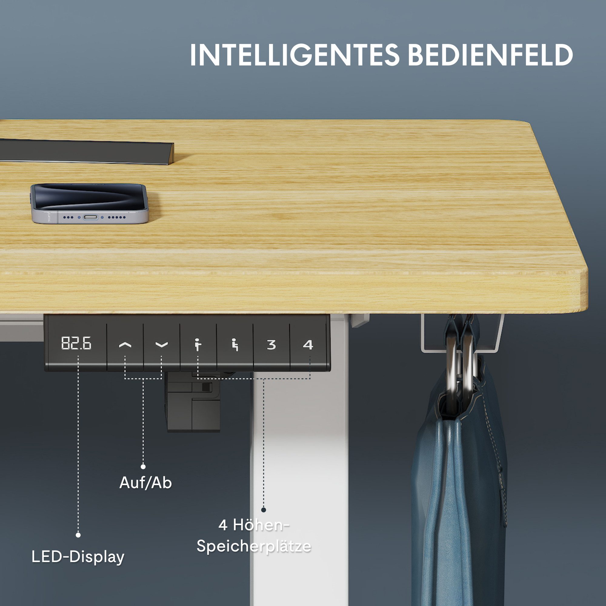 FLEXISPOT Schreibtisch Basic-Series Elektrisch höhenverstellbarer Schreibtisch (Anti-Kollisions-system, 2- Fach-Teleskop, mit Haken, mit Aufbewahrungsbox, LED-Display), MAX. Load: 100kg, 100/110/120/140/160, MIT einteilige Tischplatte