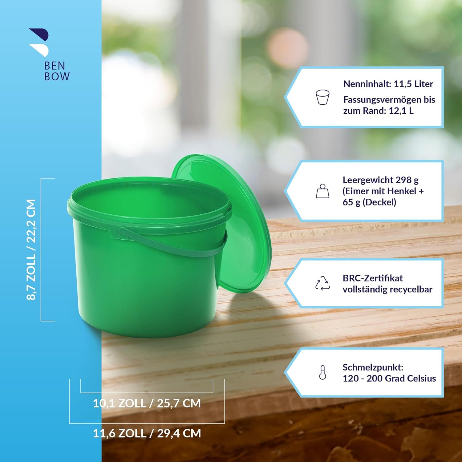 BENBOW Putzeimer Eimer mit Deckel 30 20 10 5 3 1 0,5 L Viele Farben Lebensmittelecht, (1-tlg., PZH-, BRC- und DIN-ISO-zertifiziert), für Lebensmittel, Farben, Chemikalien